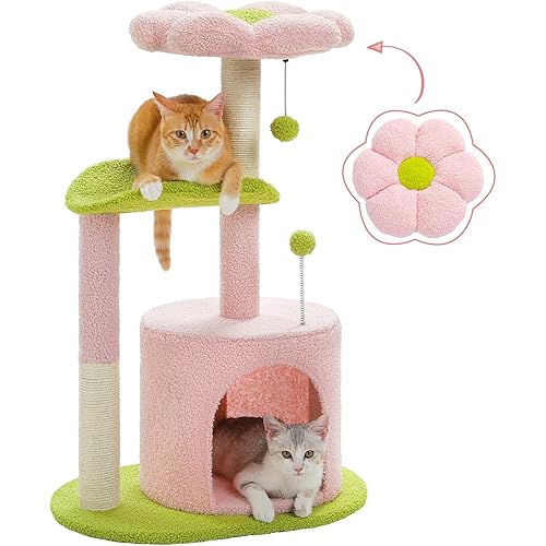PAWZ Road Flower Cat Tree Pink 32” Small Cat Tower Cat Scratching Post with Curved Perch, Cozy Cats Condo Removable Flower Bed for Kittens and Small Cats-Pink