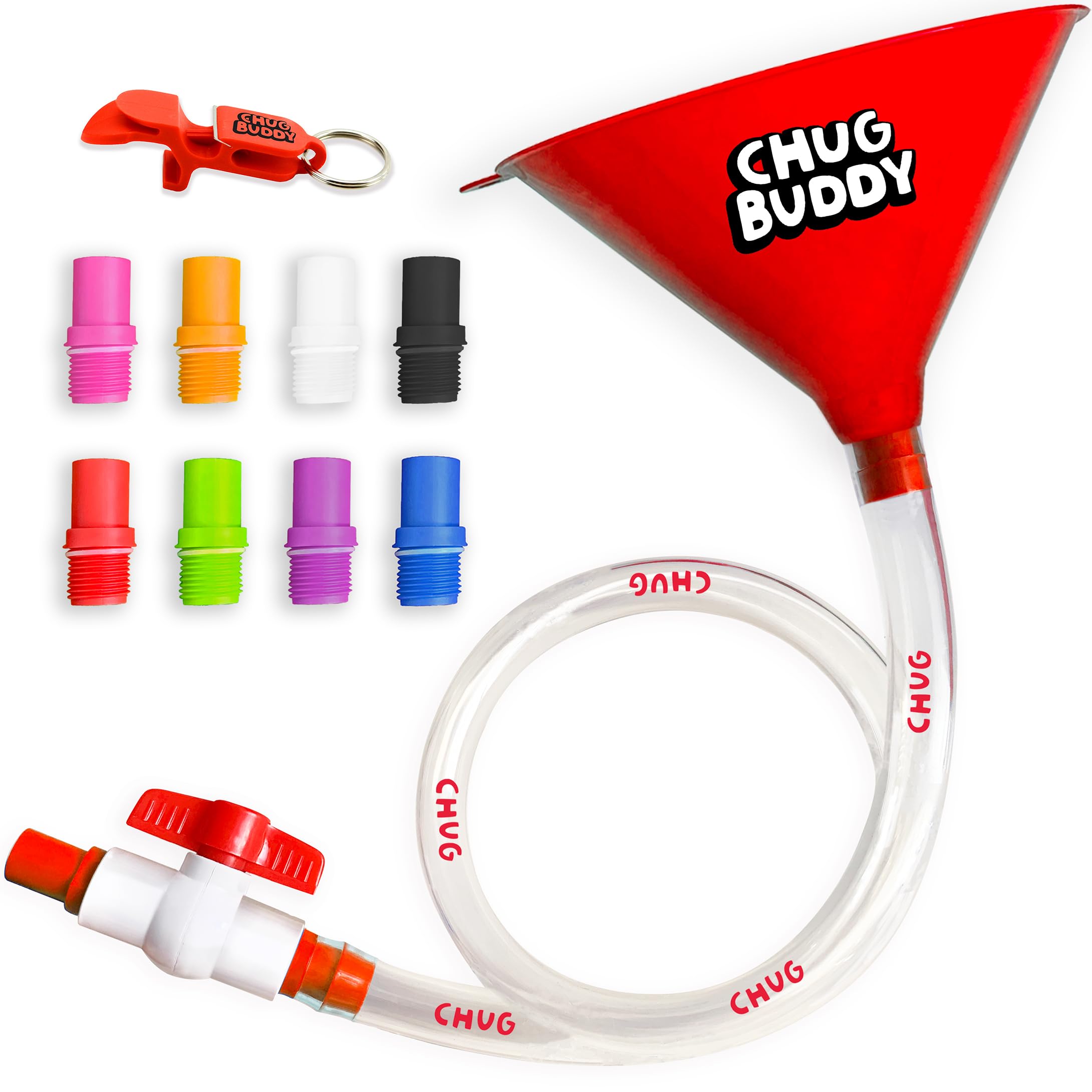Beer Bong Tube and Funnel with Valve, 8 Interchangeable Mouthpieces, Shotgun Keychain Tool - Kink-Free 3ft Hose for Beerbong, College Party, Drinking Games