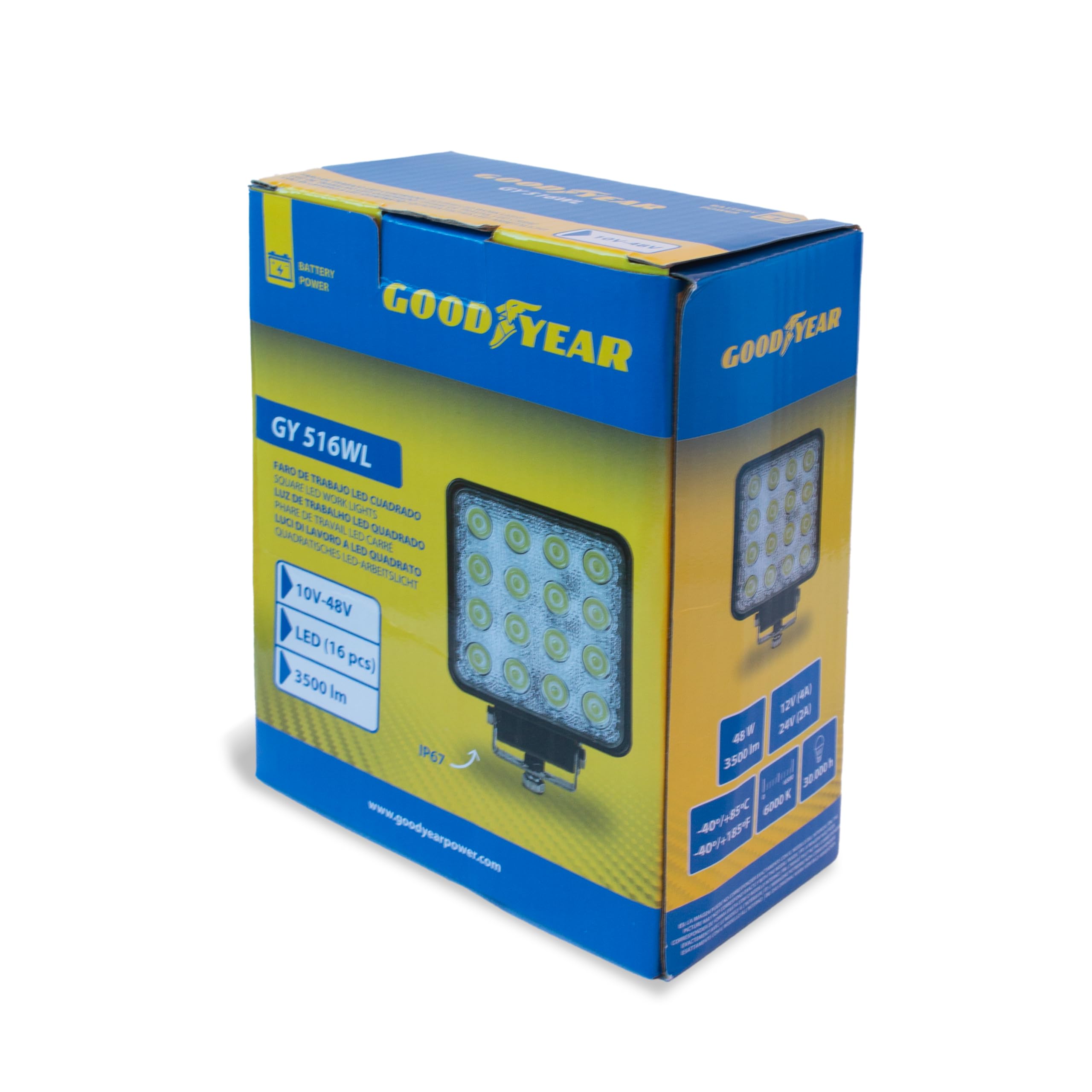 Goodyear - 2 Faros LED per auto, 16 LED, 48 W, 3500 LM, 6500 K, IP67 - Luce potente per 4x4, SUV, camion, fuoristrada, alluminio resistente, 10–48 V