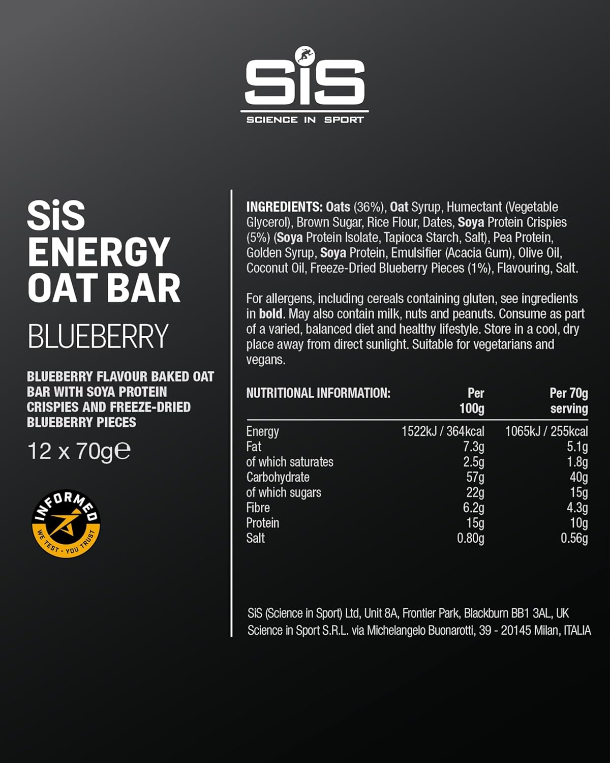 Science in Sport Energy Oat Bar - Oat Energy Bar for Elite Athletes - 40g Carbohydrates - 10g Protein - Balanced Nutrition Sports Snack - Vegan-Friendly - Blueberry Flavor - 12 Count