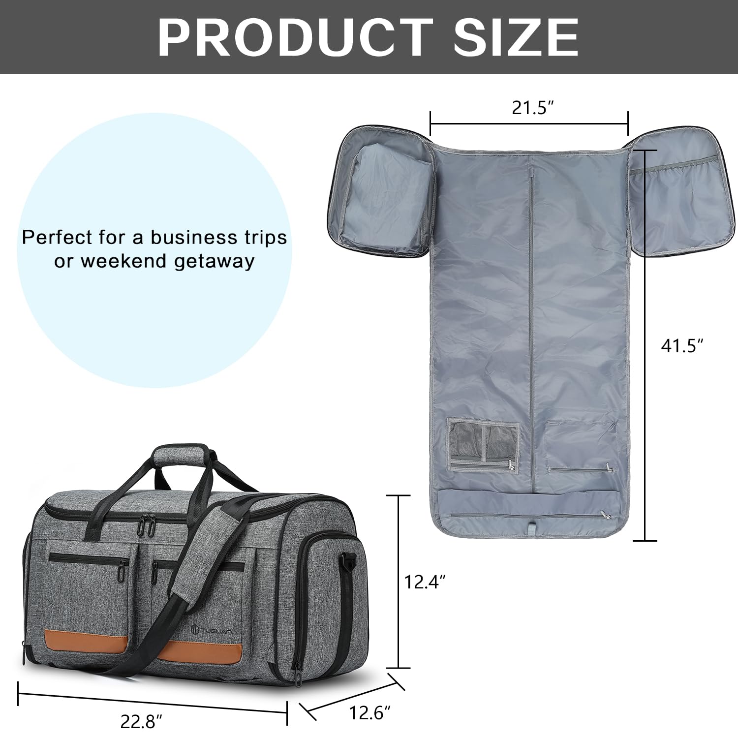 Borsa da viaggio da uomo, 58 l, con scomparto per scarpe e funzione zaino, grande sacco da viaggio, Grigio PU, grigio + PU