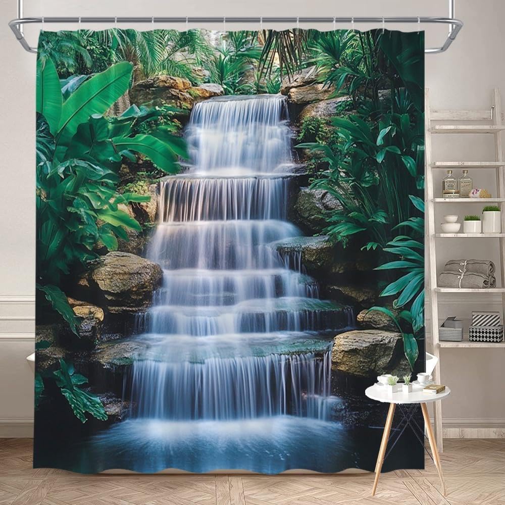 Glwdmb B-14 1 Piece 180X200cm Natural Waterfall And Lush Green Tropical Plants Printed Shower Curtain With Hook, Polyester, For Windows And Walls, Bathtub, Bathroom, Machine Washable, All Season Universal