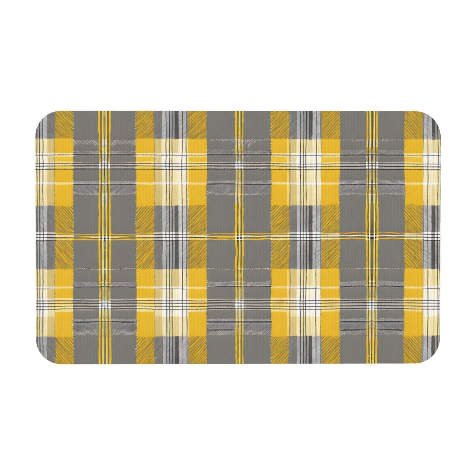 Tapis de bain absorbant séchage rapide style écossais jaune gris pour douche