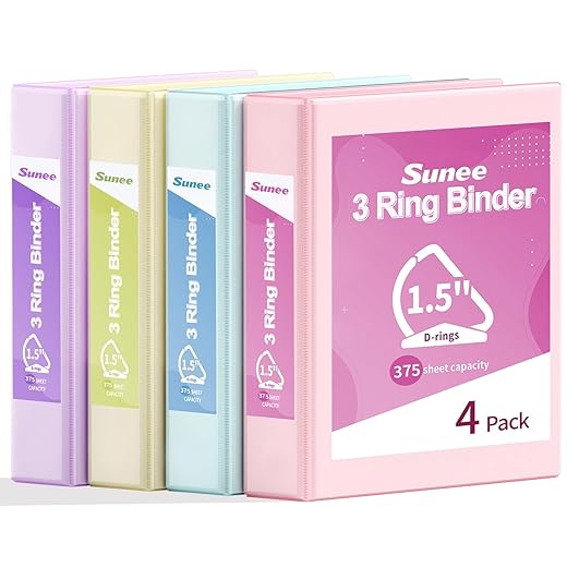 SUNEE 3 Ring Binder 1.5 Inch D Ring, Clear View Binder Three Ring PVC-Free (Fit 8.5x11 Inches) for School or Office Supplies, Assorted Pastel, 4 Pack