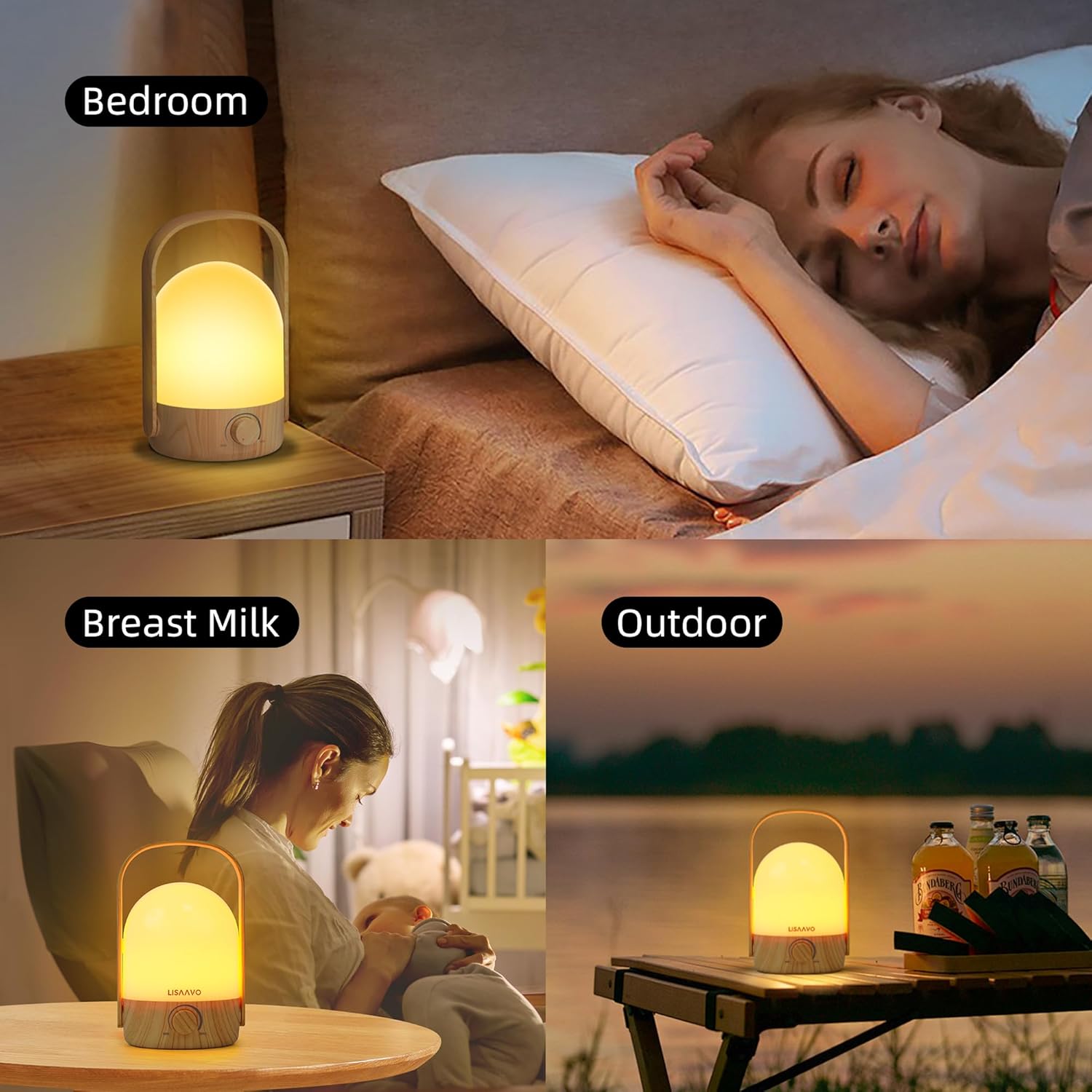 Night Light - Dimmable Touch Lamp with 5 Brightness Colors, with Portable Handle, Type-C Rechargeable with Battery, for Bedroom/Side Table (Wood Bottom)