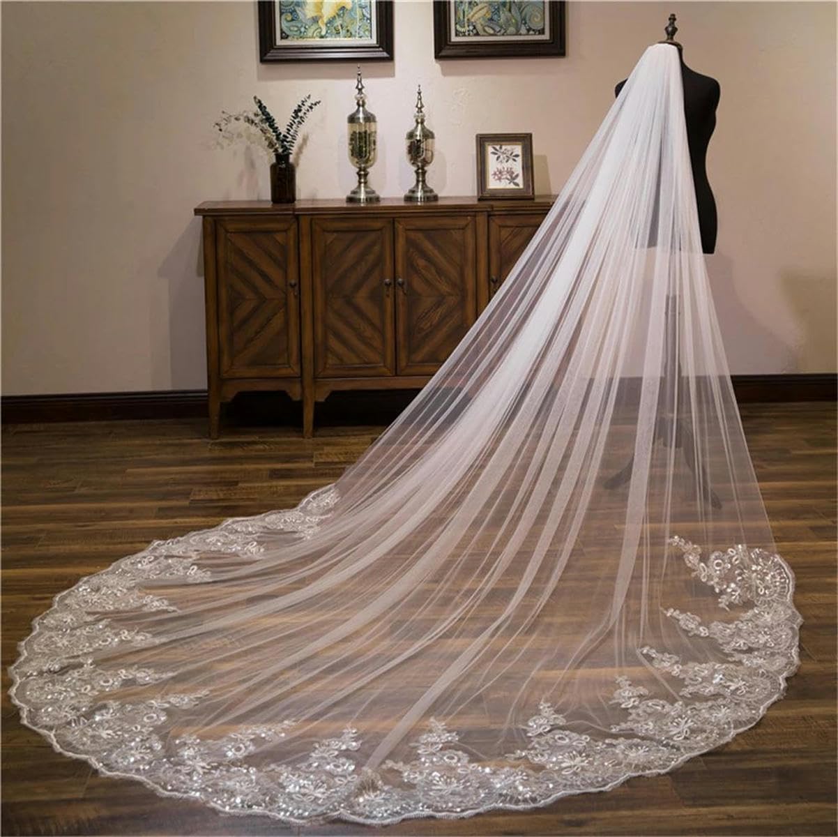 Velo da sposa con bordo in pizzo, lungo e lussuoso, con applicazioni di paillettes, bianco/avorio, con pettine, cattedrale, uno strato, 3 metri, avorio, 400 cm