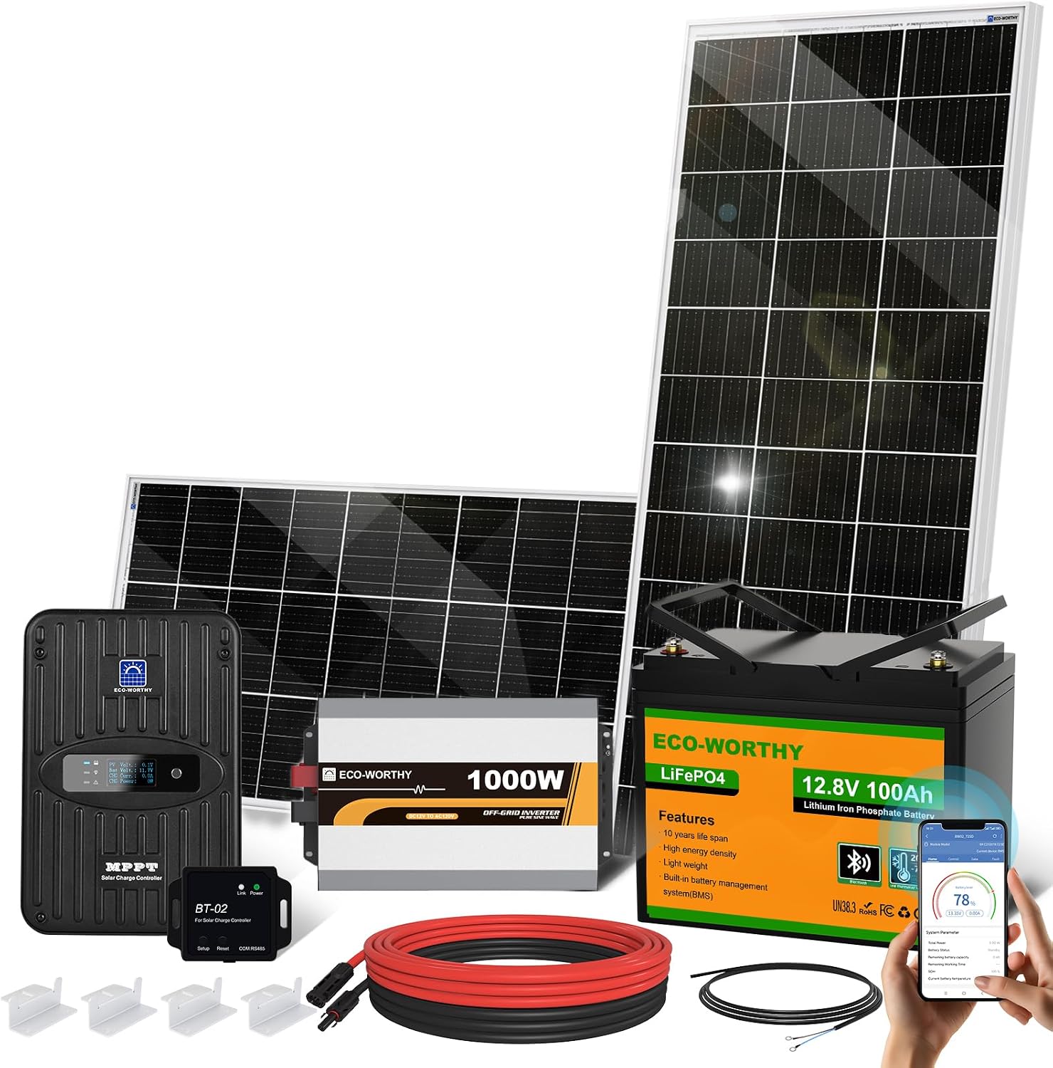 ECO-WORTHY 1.6KWH Complete Solar Panel Kit 390W 12V for RV Home Off Grid Yard: 195W Solar Panels*2 + 1000W Solar Inverter+12V 100Ah Lithium Battery+ 40A MPPT Charge Controller + Bluetooth Module