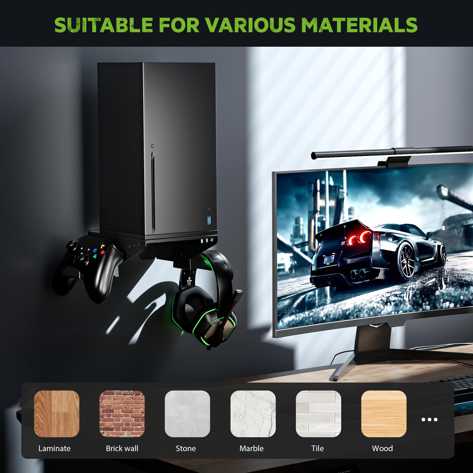 Aceshop Soporte de Pared para Xbox Series X, 4 en 1 Girado Soporte de Pared Xbox Series X con Soportes con Controlador Desmontable y Soportes para Auriculares para Ventilación y Ahorro de Espacio