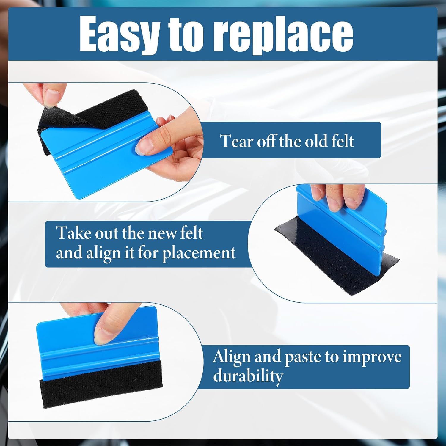 20 Pcs Vinyl Squeegee Bulk, 4 Inch/6 Inch Felt Squeegee with 20 Pcs Black Felts Fabric Multipurpose Felt Edge Vinyl Scraper for Wallpaper Smoothing Tool, Car and Window Tinting (Blue, Gray)