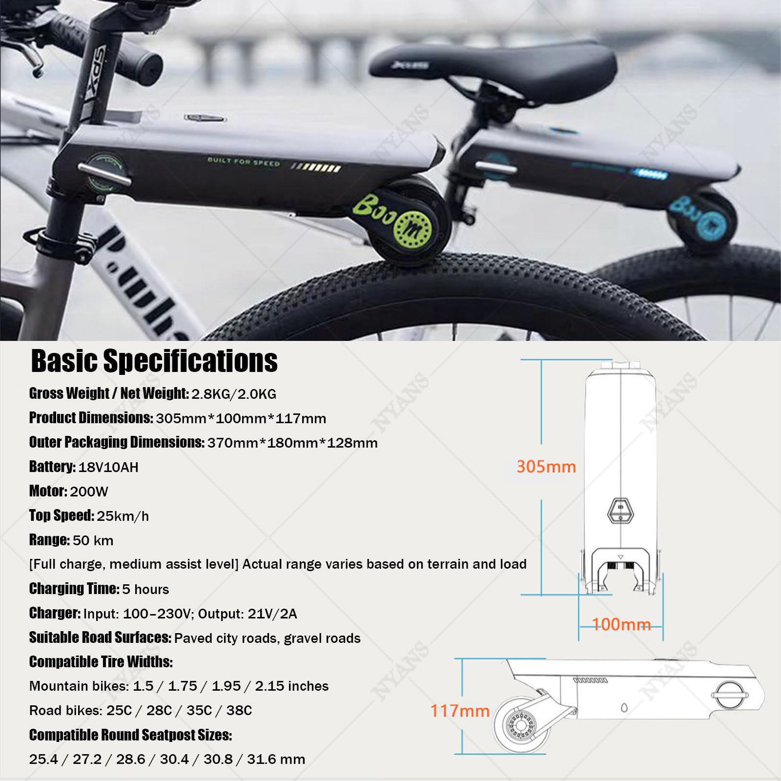 NYANS Motor Auxiliar Eléctrico para Bicicletas,4 Modos De Asistencia y 50km De Autonomía; para Bicicletas De Montaña (1,5/1,75/1,95/2,15 Pulgadas) y De Carretera (25C/28C/35C/38C) Green