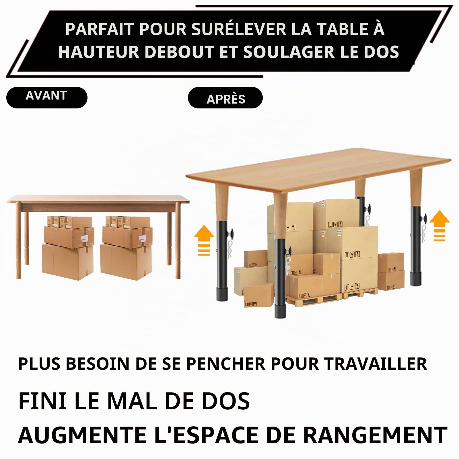 DAJAVE - Lot de 4 rallonges de pieds de table pliables, rehausseurs réglables pour pieds de table incurvés, hauteur réglable jusqu'à 20 cm