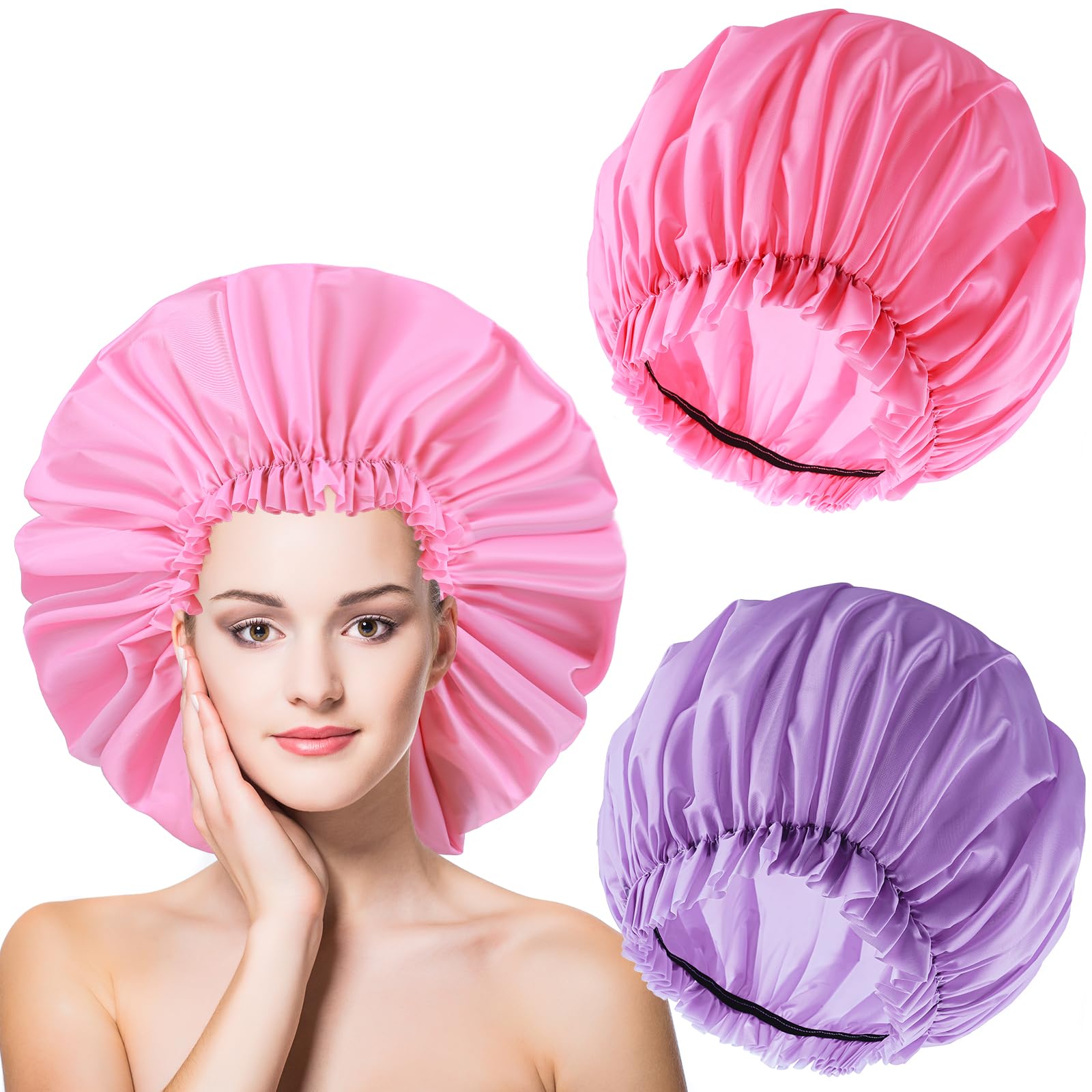 2 PCS Large Shower Cap for Braids - Waterproof Shower Cap for Women, Reusable XL Plastic Shower Caps Jumbo Bath Bonnet for Long Thick Curly Hair, Locs