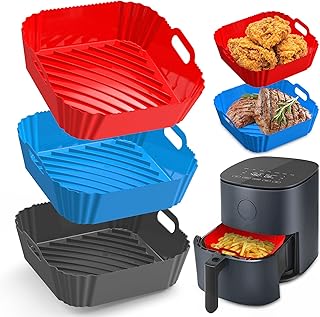 Sackei 3 Pcs Silicone Air Fryer Liners Square 8.6 Inch Air Fryer Silicone Liners 4-7 QT Heat Resistant Reusable Non-Stick Airfryer Basket Baking Tray Oven Accessories Kitchen Gadgets, Black Red Blue