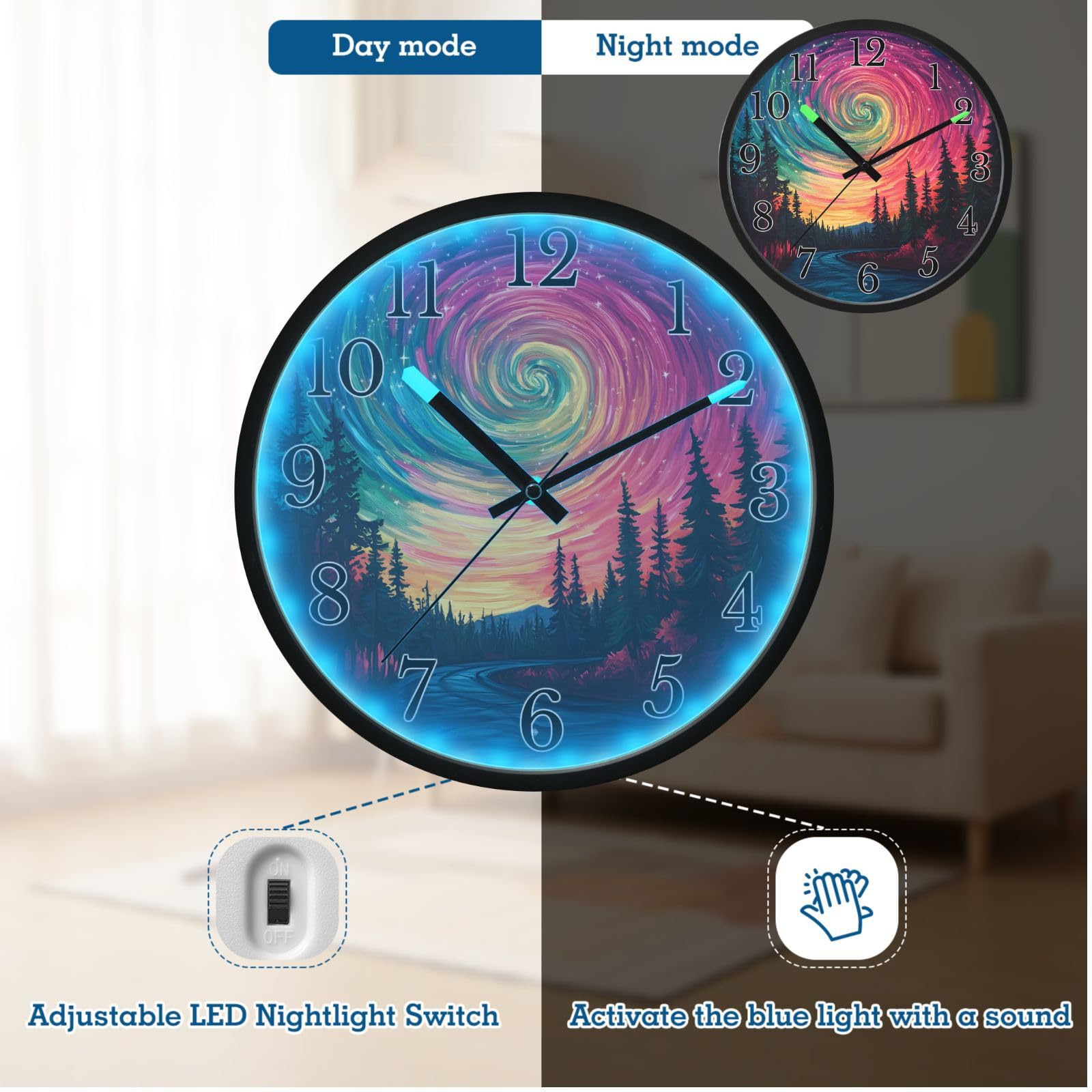 Mnsruu Star Swirl Road Forest Night - Reloj de pared luminoso para dormitorio, funciona con pilas, silencioso, brilla en la oscuridad, para sala de estar, cocina, 12 pulgadas