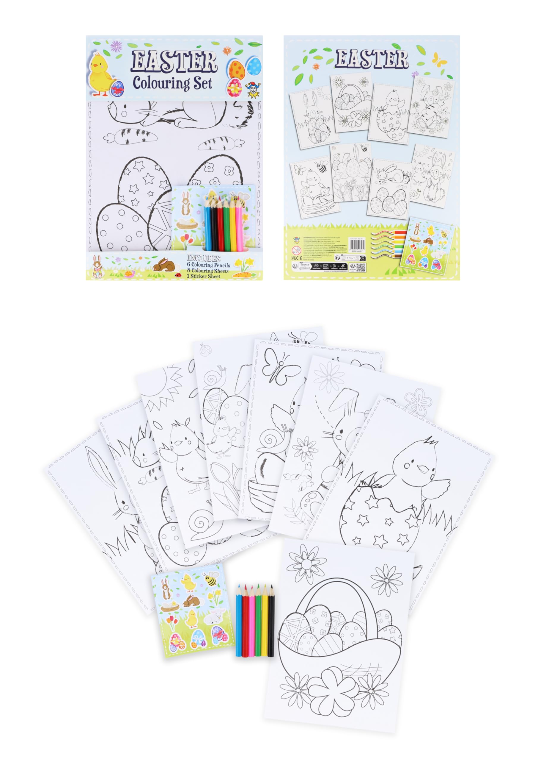 HENBRANDT 12 x Easter Colouring Sets with 8 Sheets and 6 Mini Colouring Pencils Each A4 Colouring Children’s Spring Crafts Activity Packs Easter Egg Hunt Party Favours for Boys and Girls