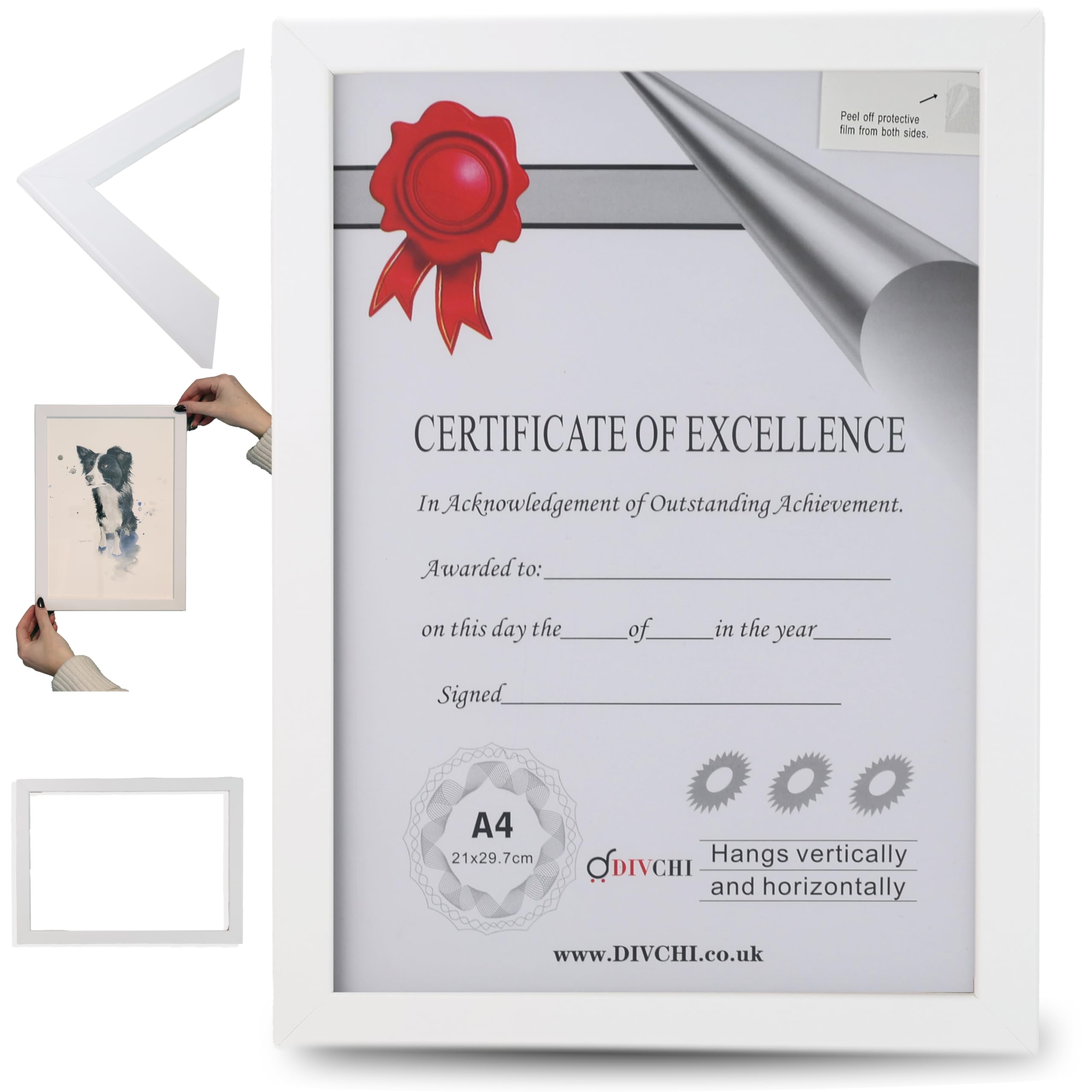 DIVCHI A4 Photo Frame MDF Freestanding Tabletop And Wall Mountable Picture Frame Certificate Art Print Poster Frames (White)