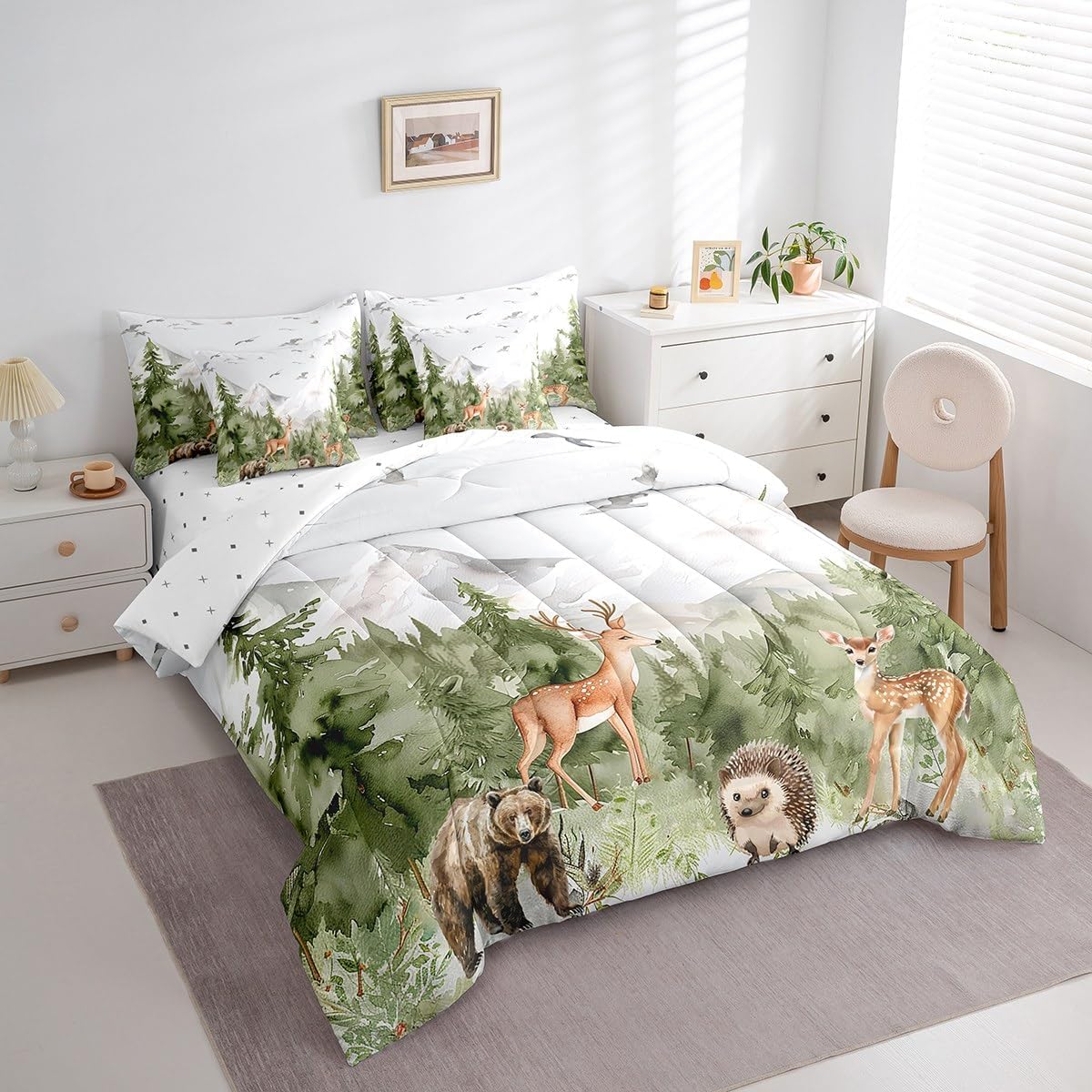 Erosebridal Giant Mountain Forest 7 Piece Comforter Set Twin Woodland Deer Bear Hedgehog Birds Bedding Set Jungle Wild Animal Pine Trees Comforter Wildlife Hunting Botanical Sheets for Kids Boys