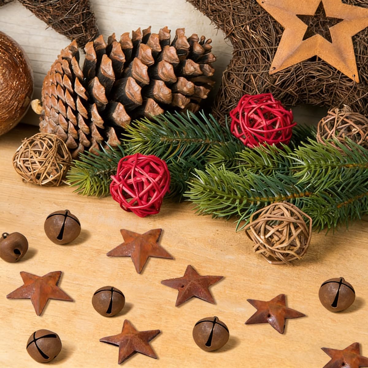 30 Pcs 1 Inch Metal Rusty Barn Star for Crafts with Holes + 60 Pcs 2/5 Inch Rustic Jingle Bells, Vintage Antique Primitives Country Star Craft Ornaments 3D for Christmas Tree Home Decor DIY Craft