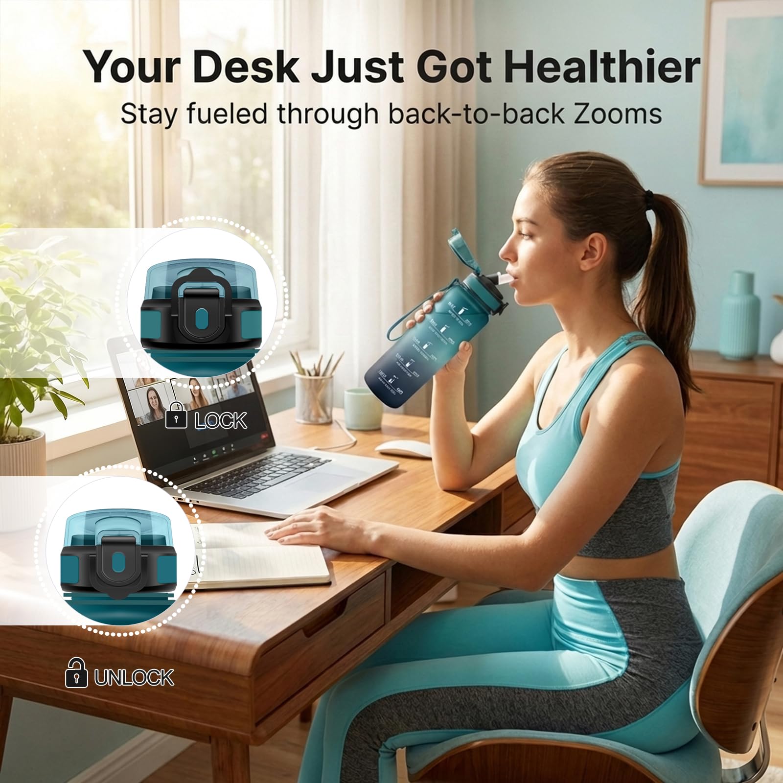 Bouteille Sport 1L, Gourde Sport avec Paille, Gourde avec Marqueur de Temps, Anti-Fuite, & Réutilisable, pour Fitness, Extérieur, Vélo - 4