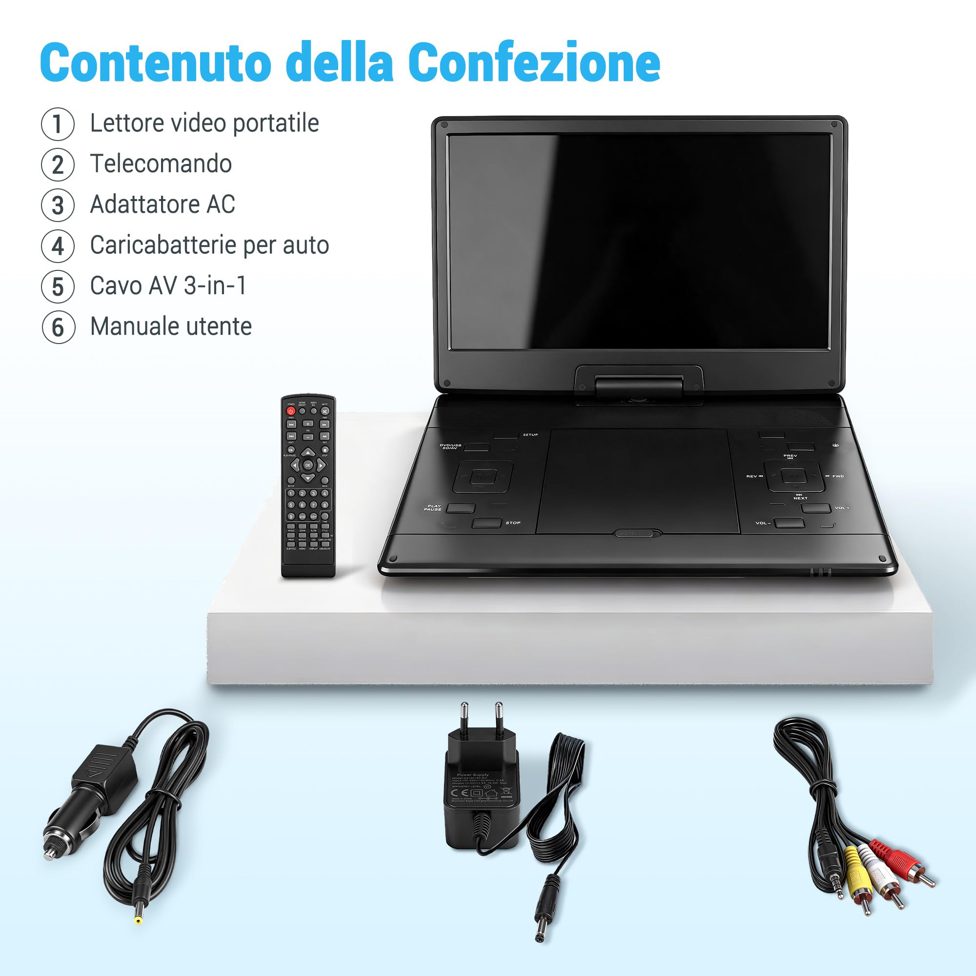 Lettore CD/DVD portatile 17,5" schermo HD girevole 15,6" supporta CD MP3 USB SD batteria stereo