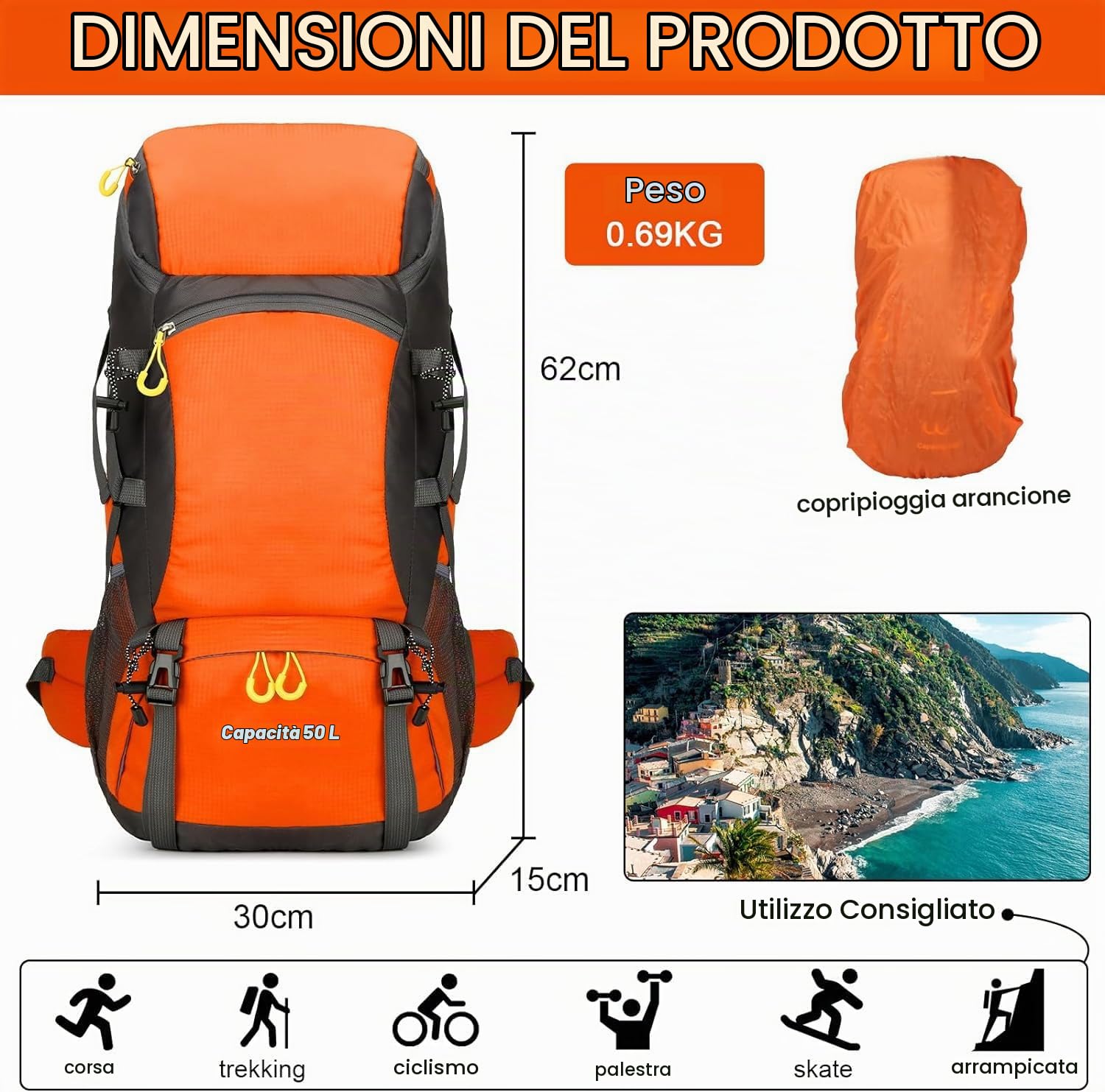 Jianyana Zaino Trekking 50L, Zaini da Escursione Impermeabile Resistenza allo Strappo Zaino da Viaggio all'aperto Zaino Campeggio Montagna con Copertura Antipioggia per Uomo Donna