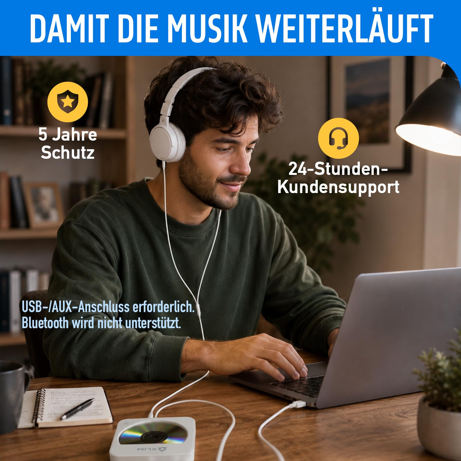 Auto CD Player Tragbar mit USB AUX und Fernbedienung für Fahrzeuge | Stoßfeste Technik ohne komplizierte Installation auch als Laufwerk für Laptops, Weiß