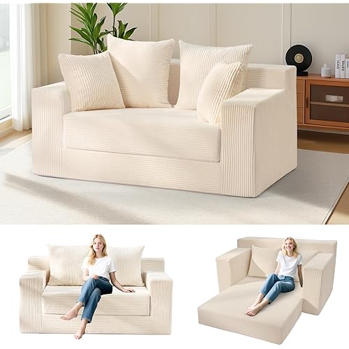 Convertible Sofa Bed, Boneless Couch Loveseat Sleeper, 2 in 1 Folding Couch Bed, Fold Out Comfy Floor Futon Sofa with Pillows for Living Room Bedroom, Beige