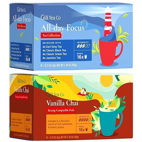 Gya Tea Co All Day Focus K Cups Paquete variado de cápsulas de té y vainilla Chai Tea K Cups para Keurig 2.0 y 1.0