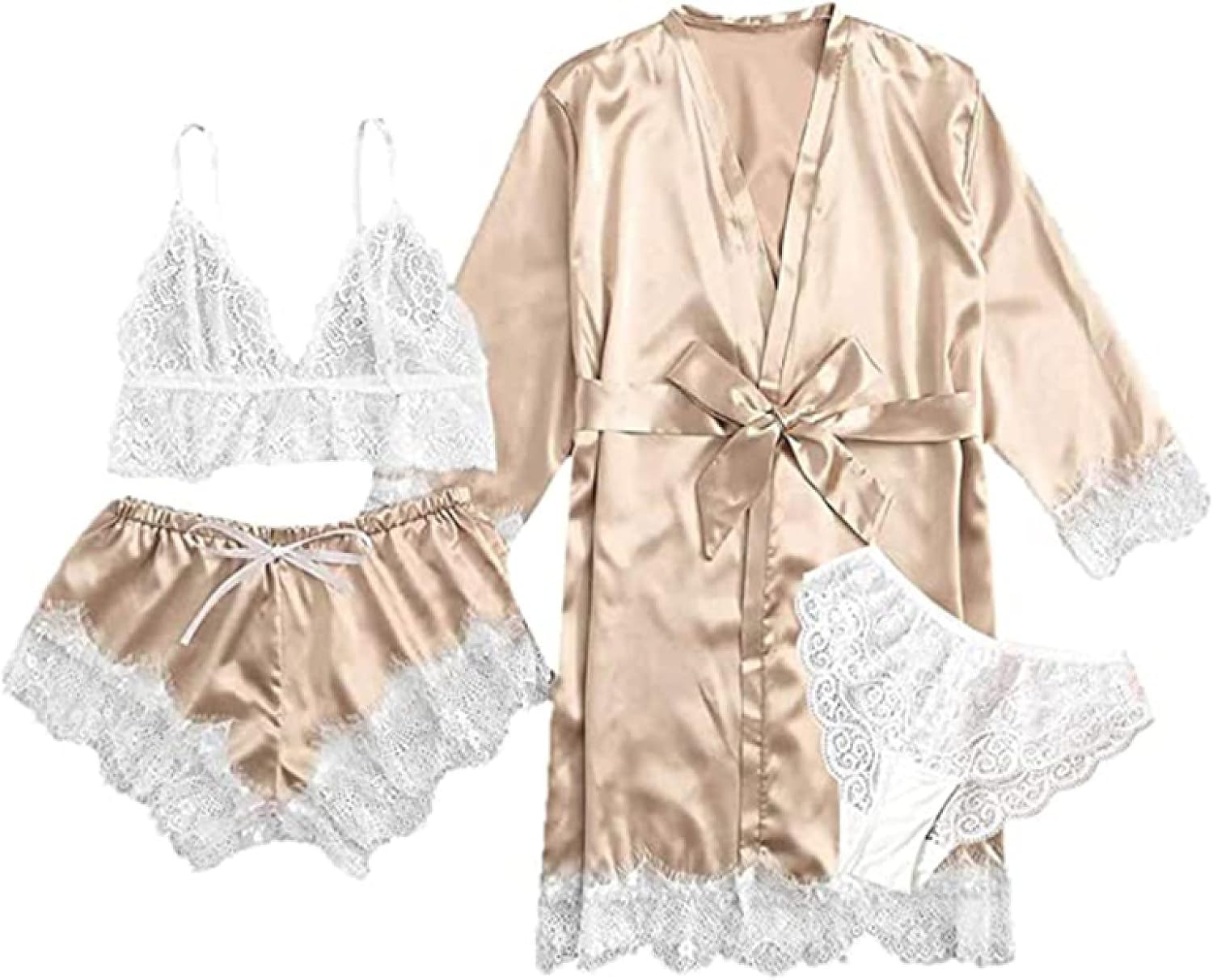 Summer Sexy Floral Lace Pajamas Set - Women'S Satin Robe Nightwear Lounge Set 4Pcs/Set Trim Shorts Lingerie With Cami Sleepwear Home Clothes Soft Homewear For Adults Outfits Suit ( Color : Picture Col