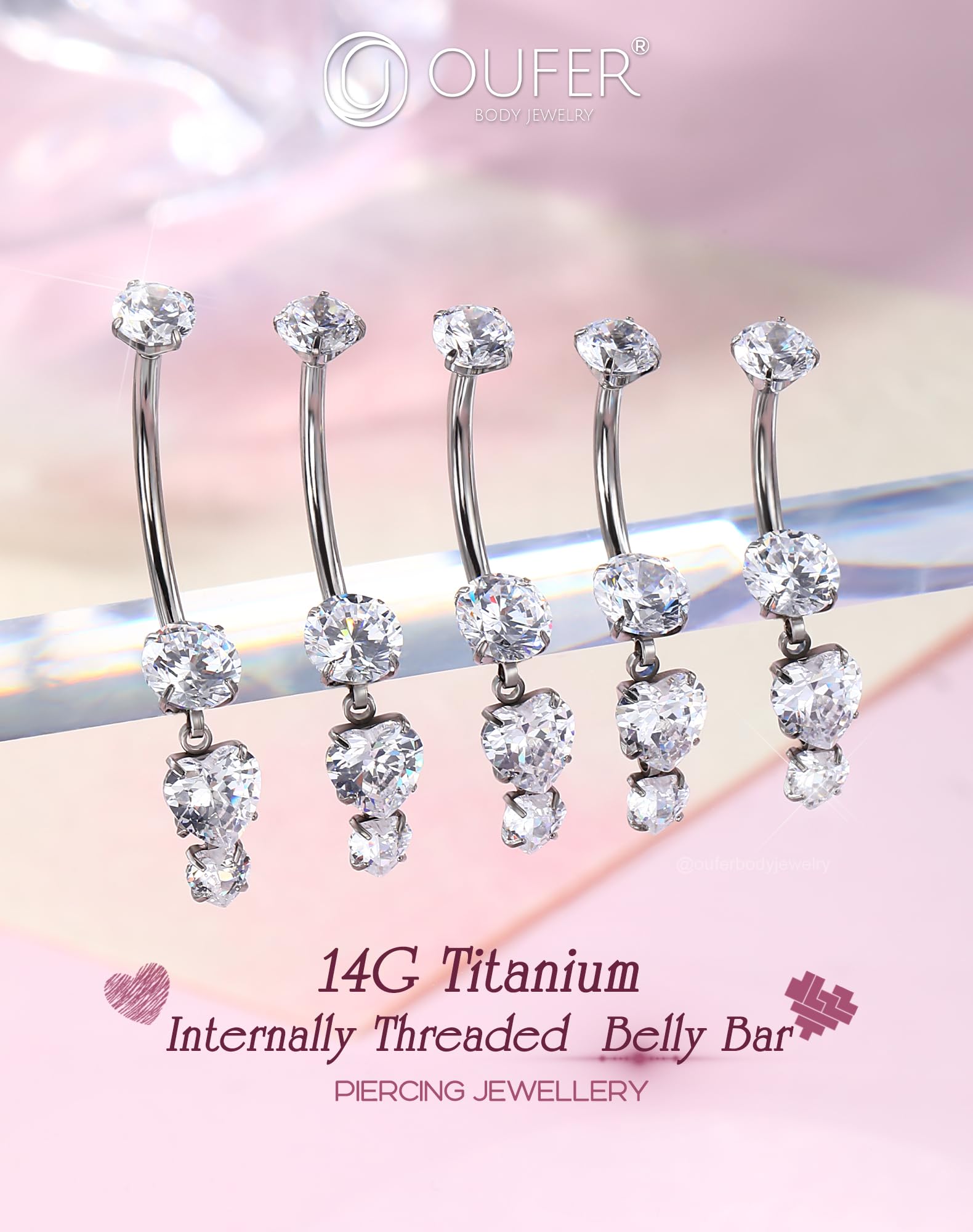 OUFER 14G Titanio G23 Piercing Ombelico Filettatura Interna Cuore Piercing Ombelico Anello Pendente 8/10/12/14/16 mm Belly Bar CZ Trasparente Piercing Ombelico Cerchio Donna