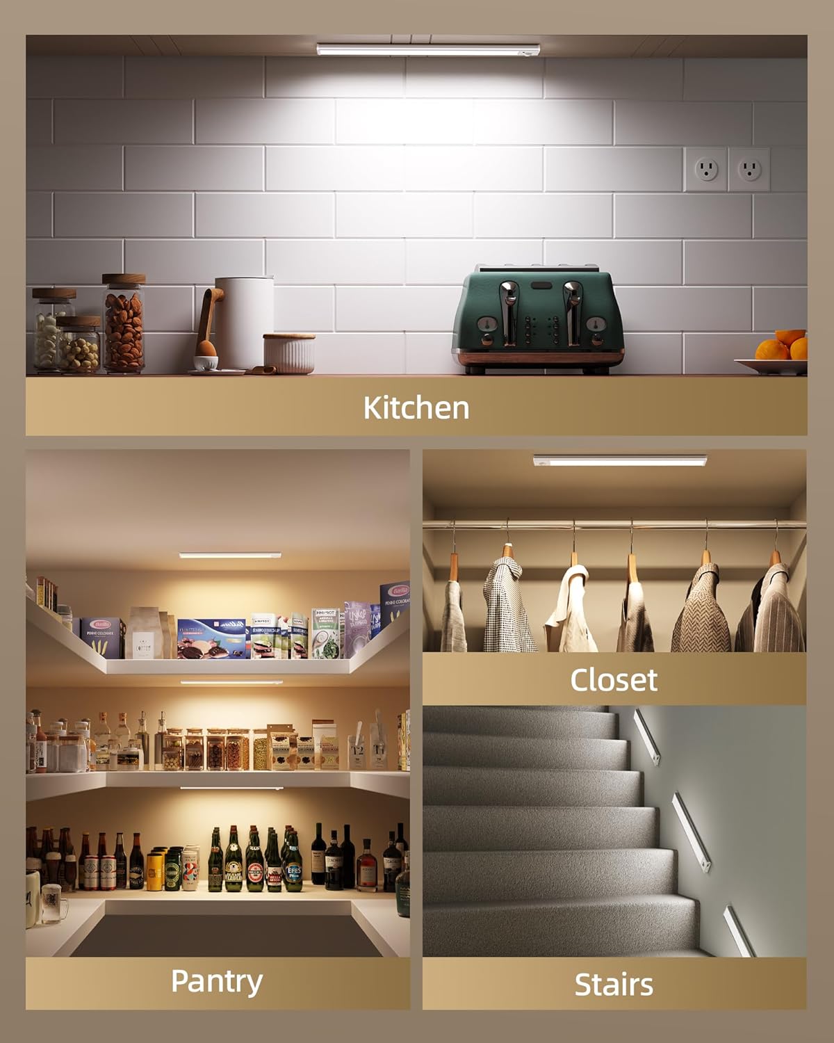 10inch Under Cabinet Lighting Wireless, 3-Pack Rechargeable Battery Motion Sensor Light Indoor, LED Closet Lights USB Charging,3 Color Dimmable Under Cabinet Lights for Kitchen, Cabinet, Wardrobe