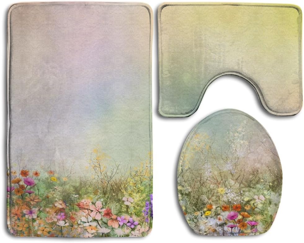 HanSmallT Abstract Oil Painting Flowers Plant Purple Cosmos White Daisy White Non Slip 3 Piece Bath Rug Pedestal Rug + Lid Toilet Cover + Bath Mat Customized Artwork Print