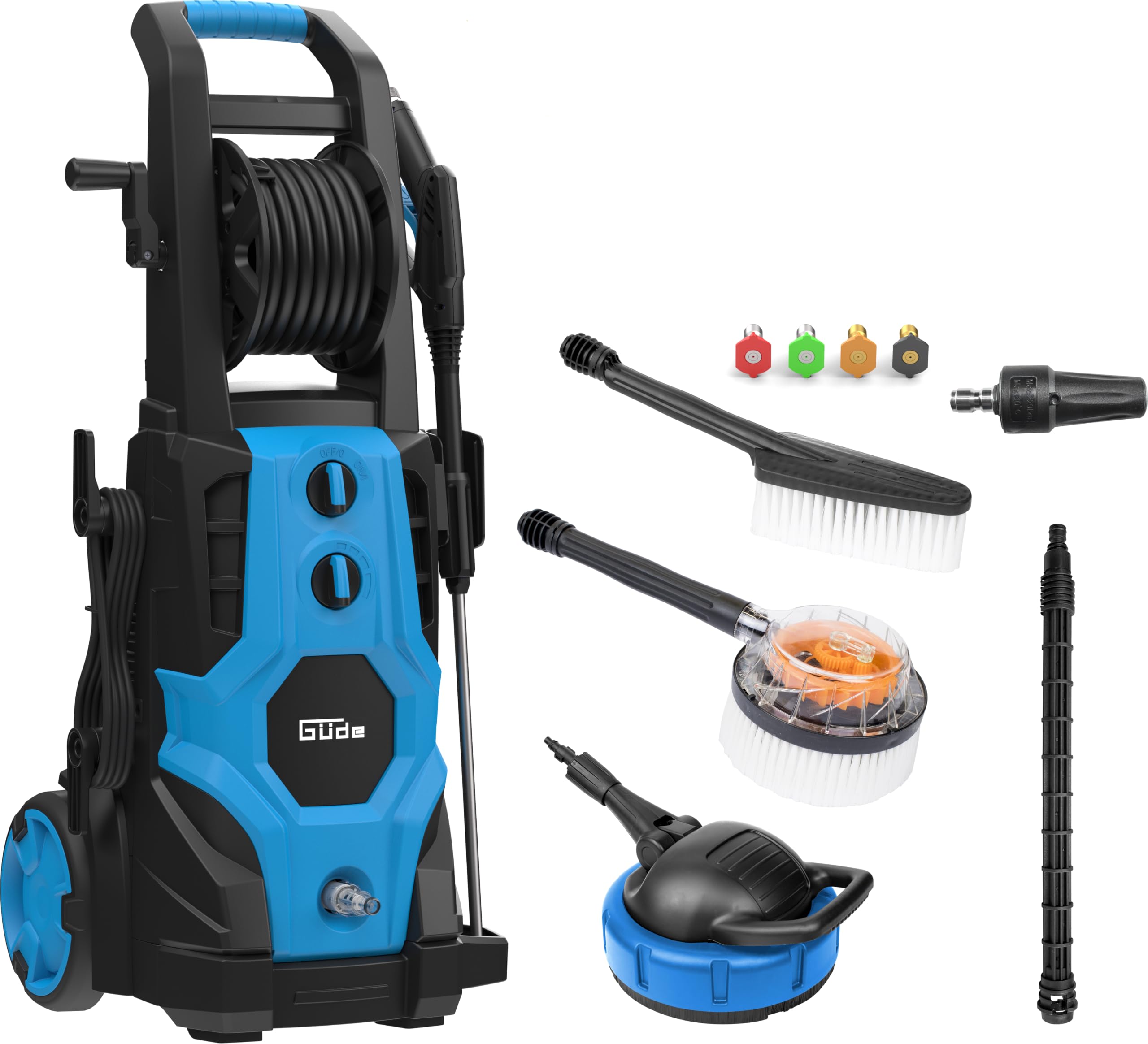 Güde Lavadora de Alta presión GHD 3200-225 (230 V, 3200 W, 225 Bar máx. presión, 540 l/h máx. de elevación., Manguera y Tambor HD de 6 m, Pistola HD con 4 boquillas, ensuciador, Cepillo Triangular y