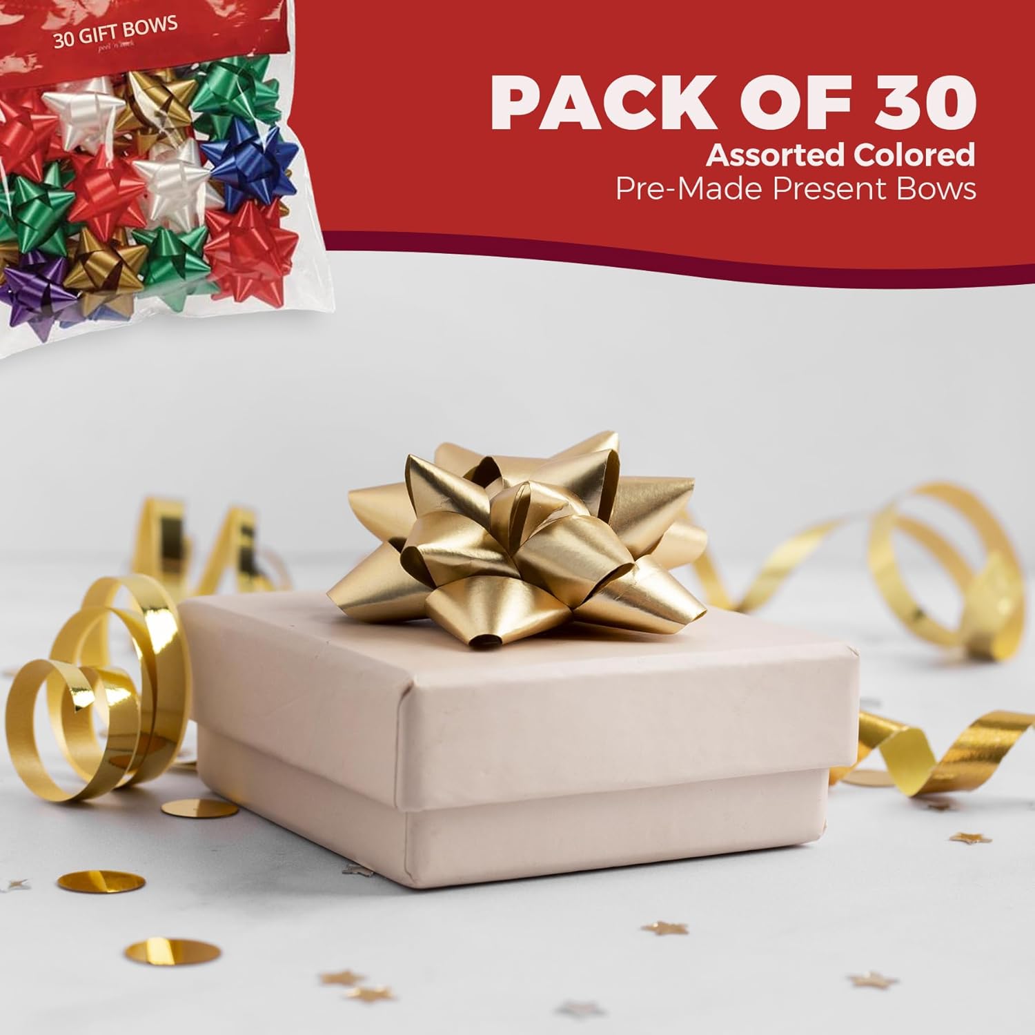 MEDca 1.5" Small Size Gift Bows – (Pack of 30) Assorted Colored Pre-Made Present Bows - Ready to Use Peel & Stick Solid Color Present Bows for Many Gift Giving Occasions Holidays Birthdays Christmas - Image 2