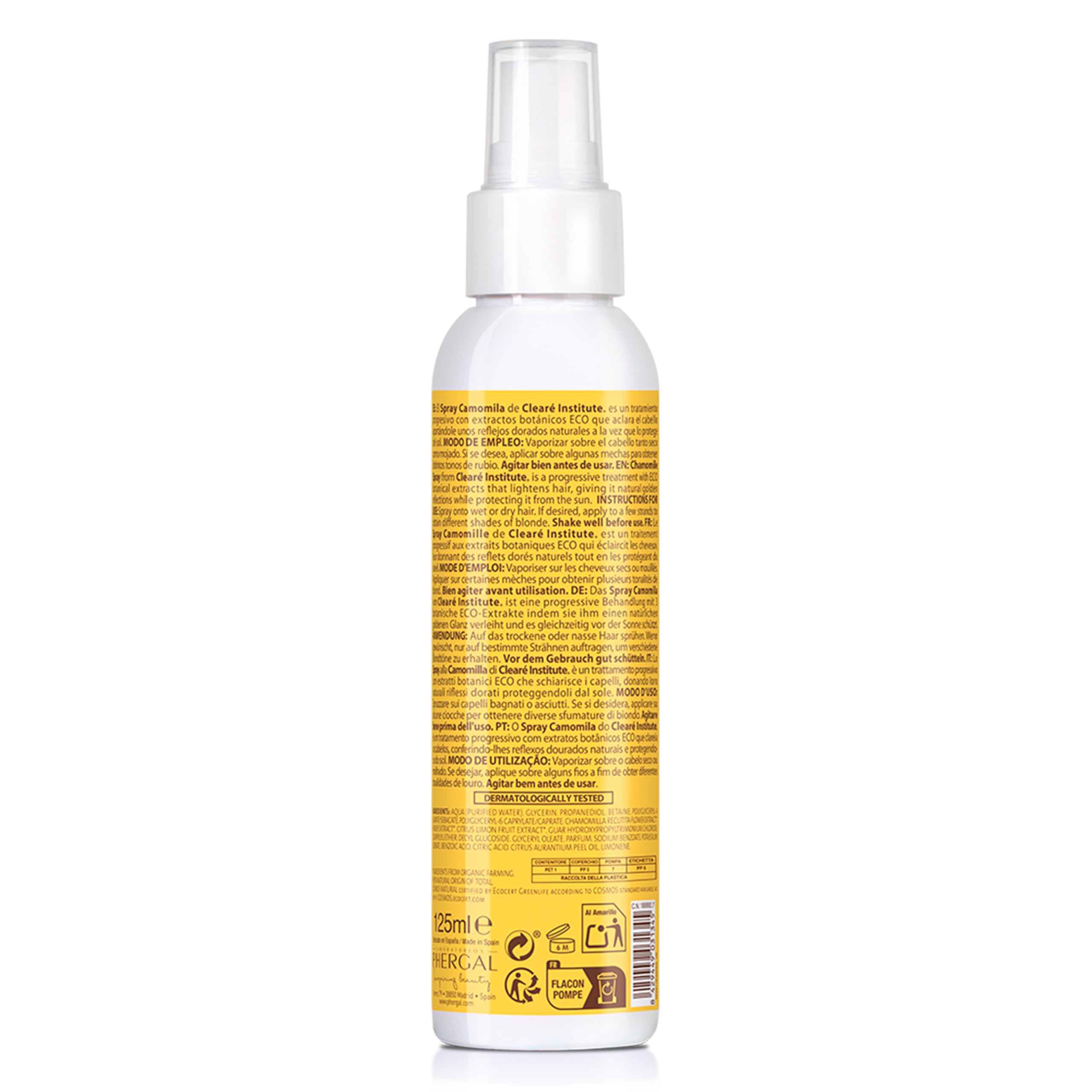 Clearé Institute | Spray Naturale alla Camomilla | Lozione Schiarente per Capelli | Schiarente e Protettore Solare | Riflessi Dorati | Adatto al Metodo Curly | 99% Ingredienti Naturali | 125 ml