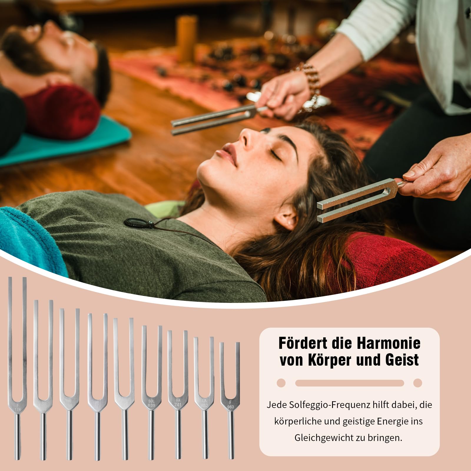 9 PCS Solfeggio Stimmgabel-Set, mit Silikonhammer und Aufbewahrungstasche, 174/285/396/417/528/639/741/852/963 Hz, geeignet für Therapie, Klangheilung und Medizinische Anwendungen