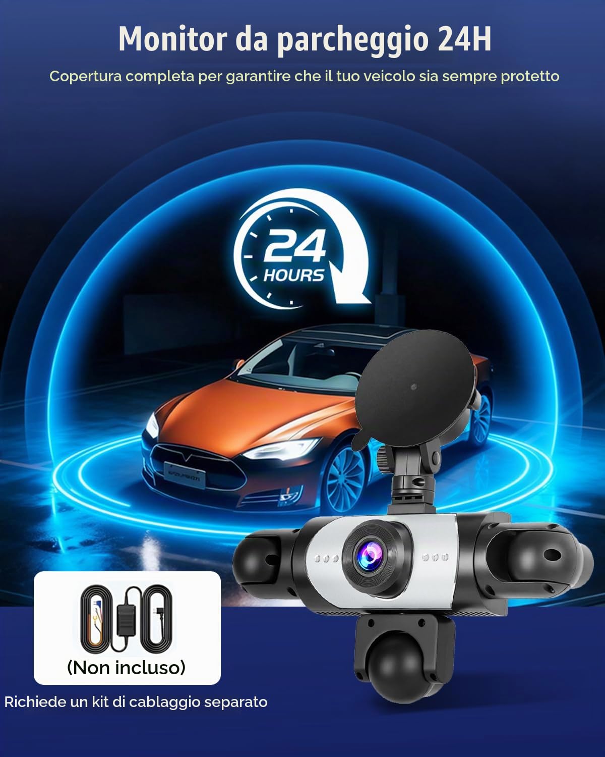 Dashcam Auto a 5 Canali Anteriore e Posteriore 1080P, Dashcam Auto con Scheda SD da 64 GB, Schermo IPS da 3,16", Grandangolo, Visione Notturna, con Registrazione in Loop