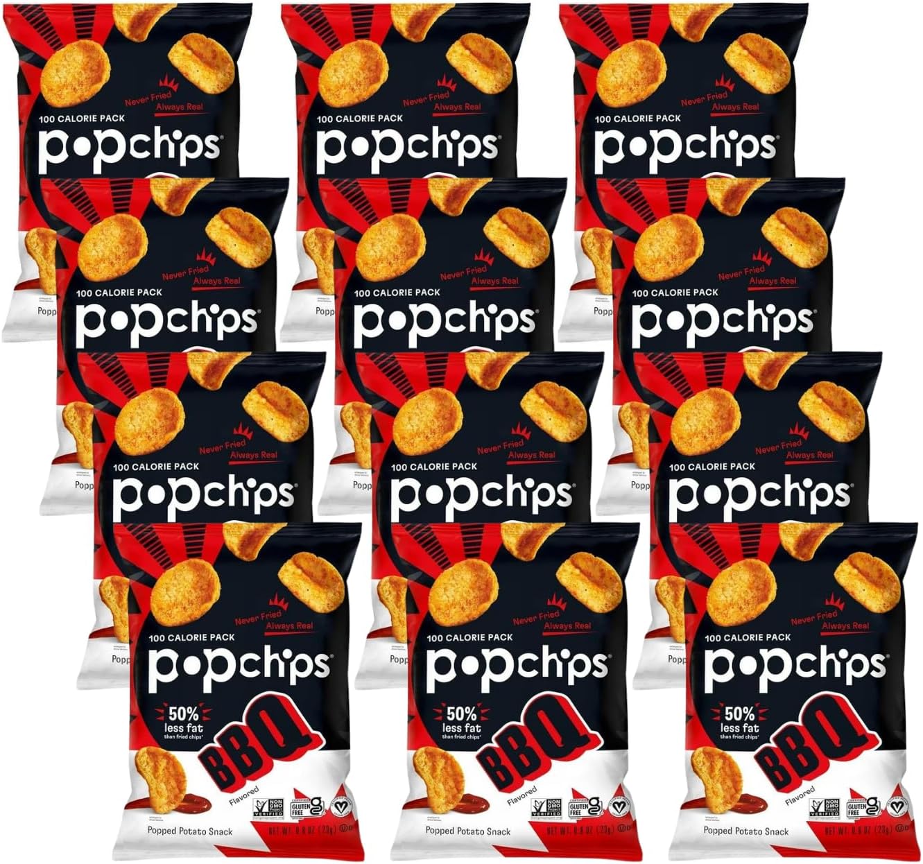 Potato Chips, BBQ, 12ct Single Serve 0.8oz Bags, Low-Calorie and Gluten Free, Salty Snacks for Adults and Children, Non-GMO, Vegan & Kosher Friendly, 100 Calories Per Bag