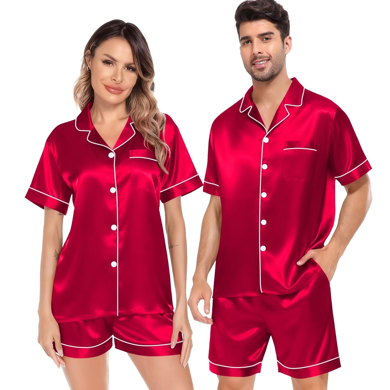SWOMOG Satin Matching Pajamas Sets Couple Silk Button Down Nightwear Women &amp; Men Short Sleeve Sleepwear 2 Pieces Loungewear