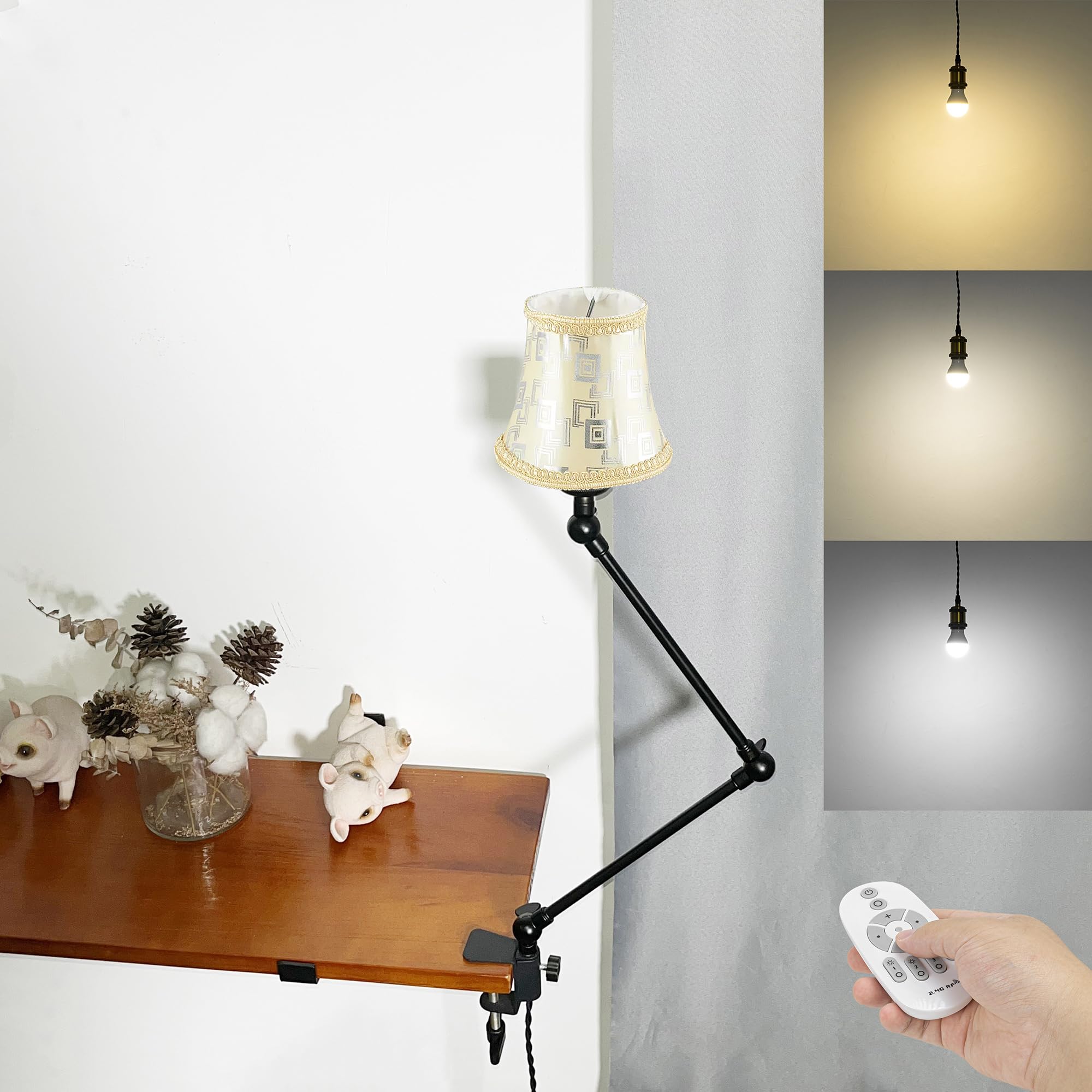 Klemmleuchte mit Fernsteuerung,1 Packung Leselampe mit 2,5 m Kabel, Dimmbar Nachttischlampe,Augenpflege Schreibtischlampe für Büro Heimgebrauch, E27 Lampenhalterung - DZ0332/4