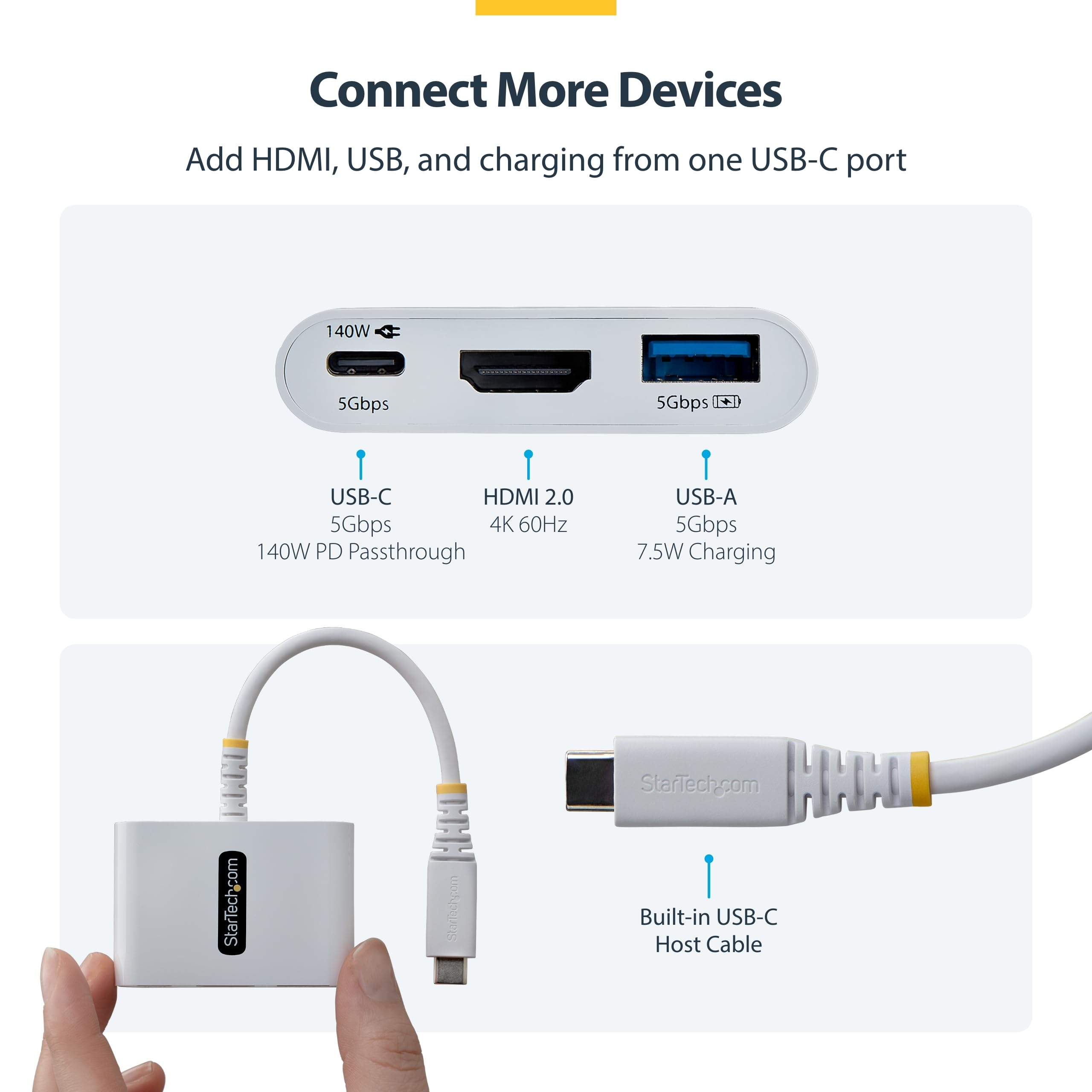 StarTech Wieloportowy adapter USB C na HDMI 3 w 1 z ładowaniem PD 140 W, HDMI 4K 60 Hz, koncentrator USB 5 Gb/s, Power Delivery 3.2, mini stacja dokująca do MacBooka, Della, Thinkpada, HP/iPada