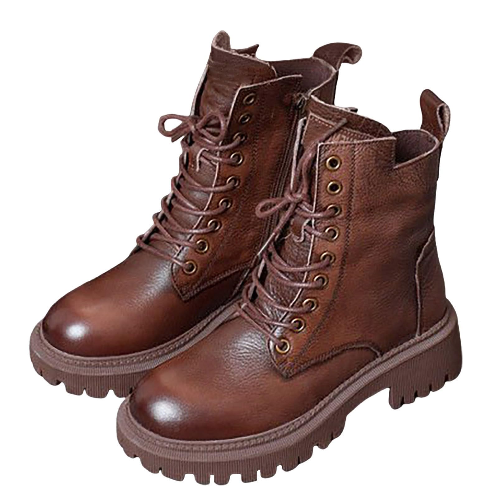 Womens Lace-Up Combat Boots Platform Chunky Low Heel Lug Sole Ankle Booties Waterproof Wide Width Leather Boots