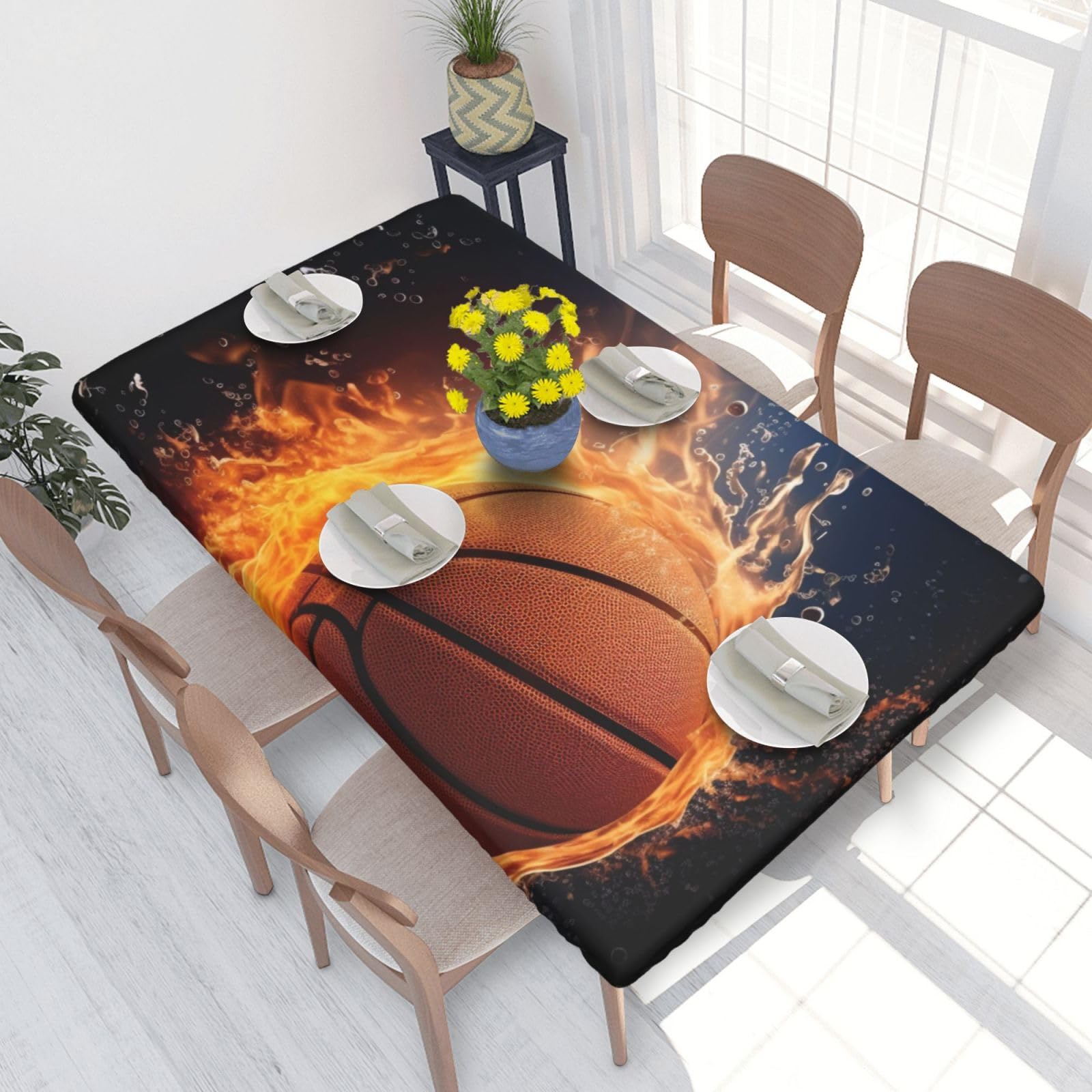 DCARSETCV Basketball on Fire and Water Flame Splashing Printed 4FT Waterproof Tablecloth with Elastic Edged Protect & Decor Your Table, Oil-proof Washable Table Cloth Cover for Dinner Picnic Party