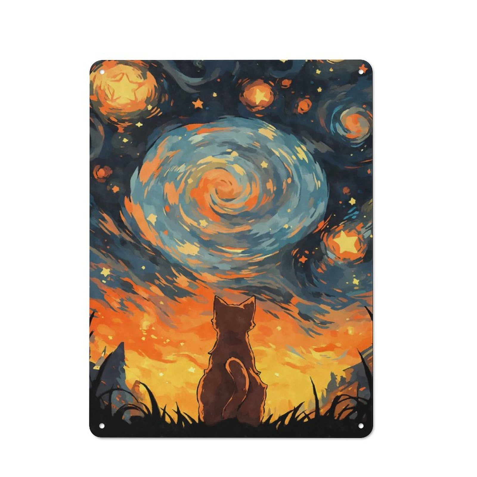 Junmoney Style-23 Orange Cat Starry Night Decorative Tin Sign 40X30cm, Old Fashioned Vintage Wall Decor For Lounge, Study, Pub Or Wall Gallery