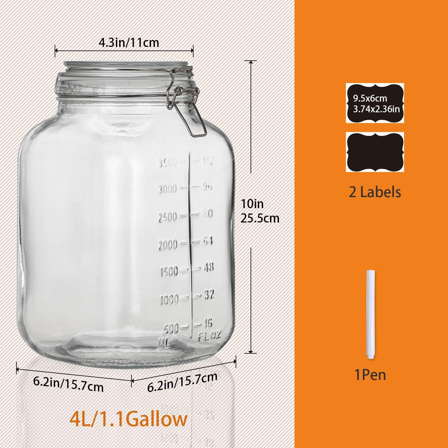 1.1 Gallon Large Glass Food Storage Jars with Airtight Lids,Set of 2 Square Wide Mouth Airtight Glass Storage Container,135oz Kitchen Mason Jar with Measurement Mark,for Flour Sugar Canning. - Image 3