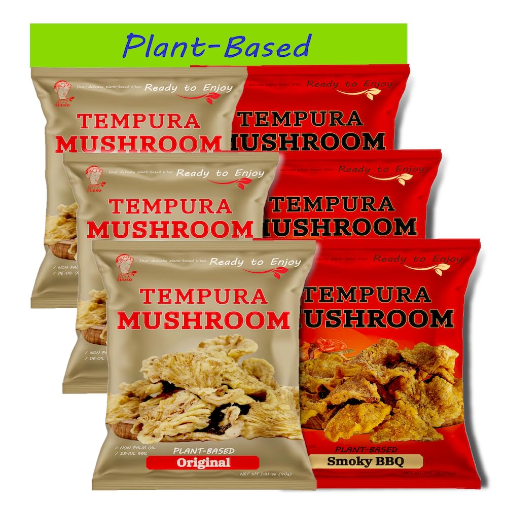 Premium Tempura Oyster Mushrooms β Ready-to-Eat Crispy Snack, Original and Smoky BBQ Flavor, Crowd-Pleaser for Parties, Kids & Adults β Gourmet Plant-Based Snack Chips 1.41oz (6-Pack)