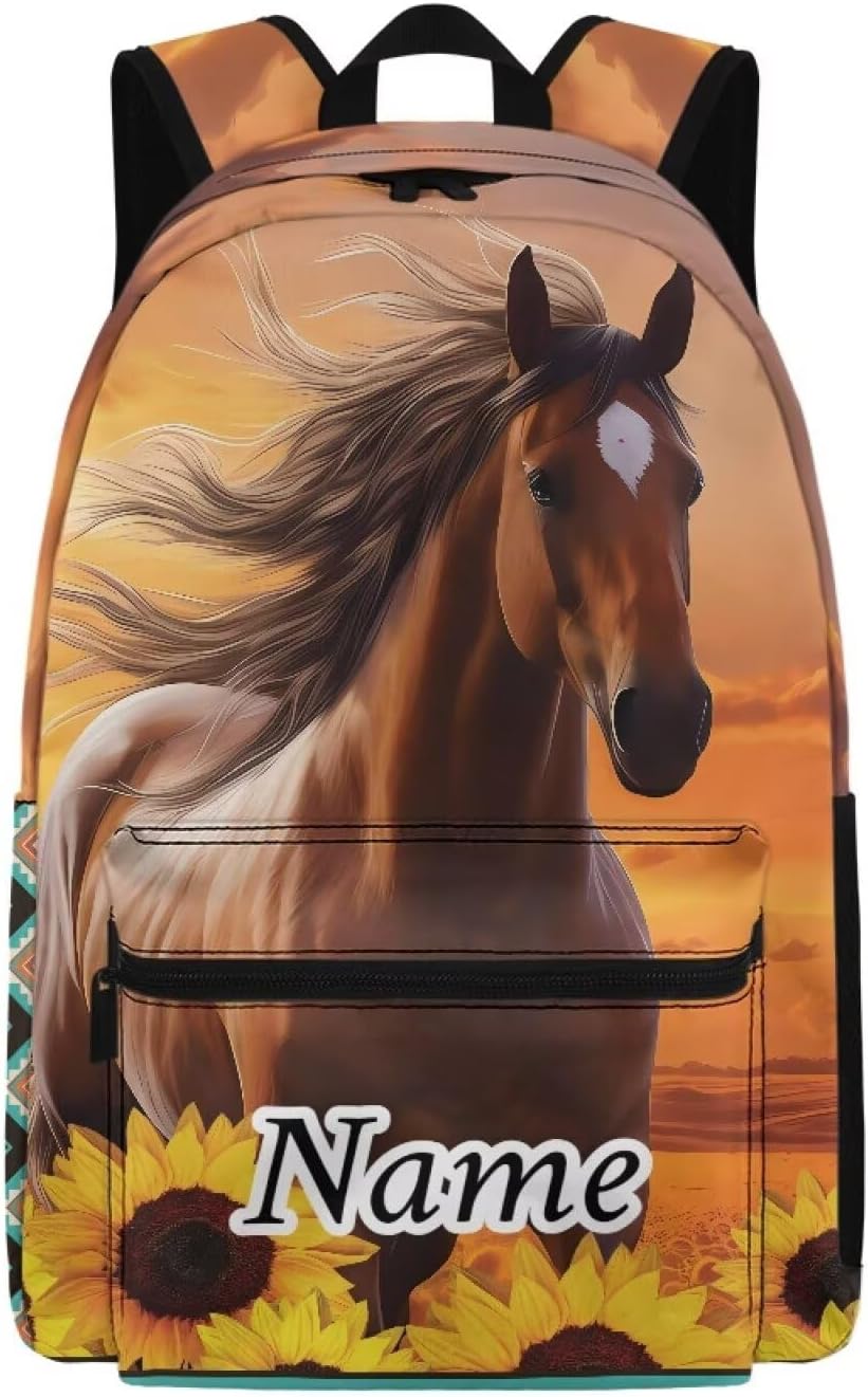Customized Kids Backpack Girls Toddler Girls Horse Backpack for School Age 5 Custom Name Students Sunflower Back Pack Travel Knapsack Daypack