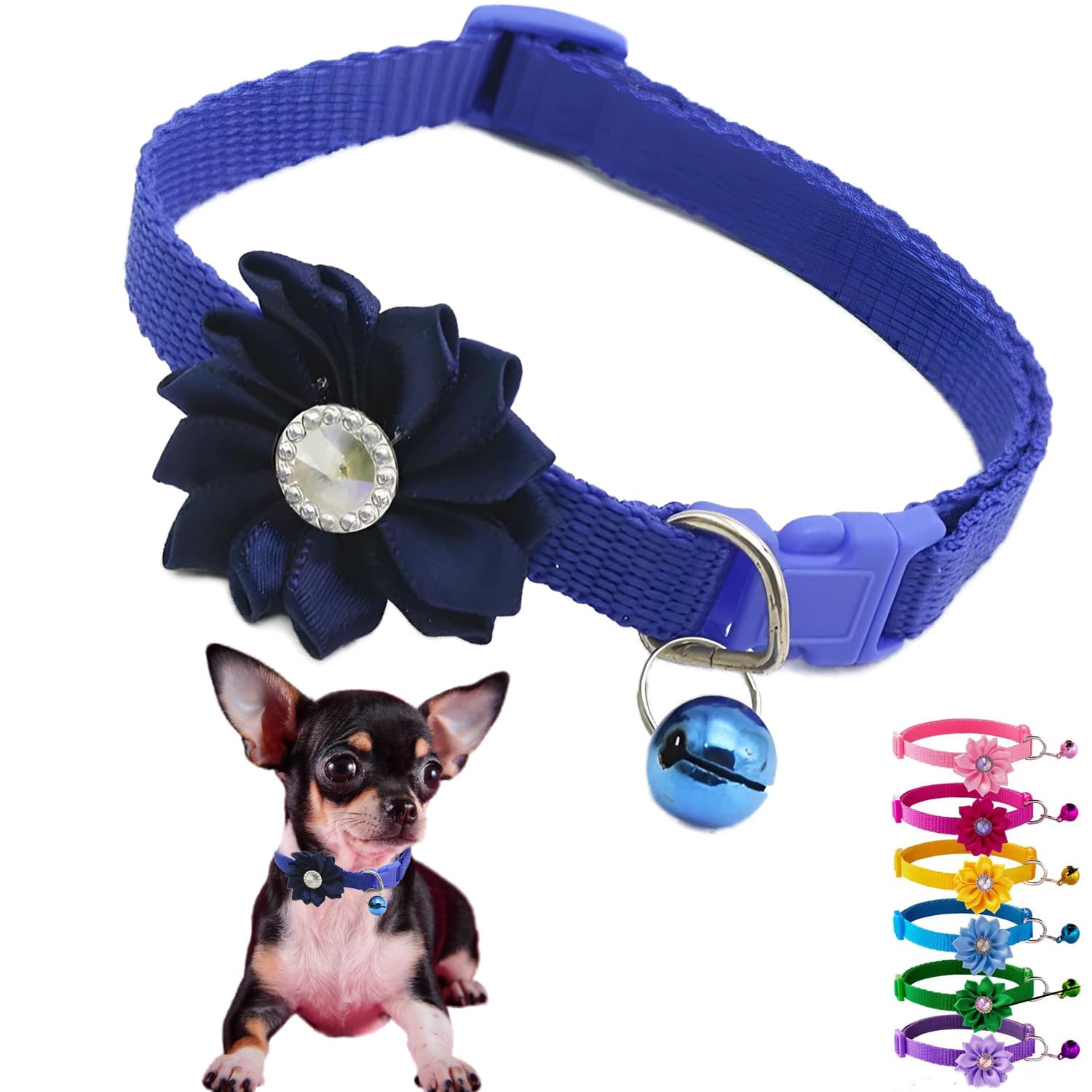 Dark Blue Kitten Collar with Bell and Floral, Flower XS Puppy Collars with Bell Girl Dog Collar Cute Adjustable for XXS XSmall Extra Small Female Dogs
