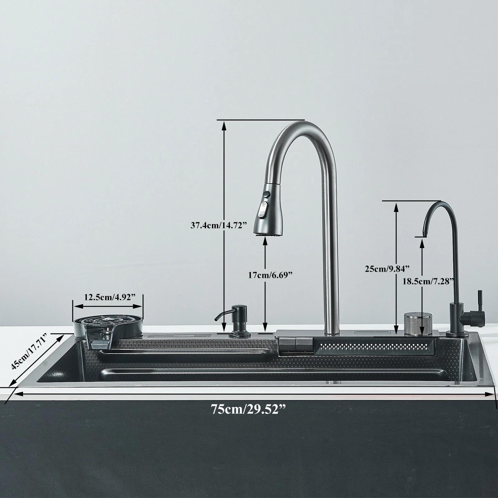 Evier de cuisine Noir Acier inoxydable Evier de cuisine avec Robinet Extensible Set de Robinetterie Machine à Laver Les Tasses Planche à découper Eau Pure Affichage de La Température