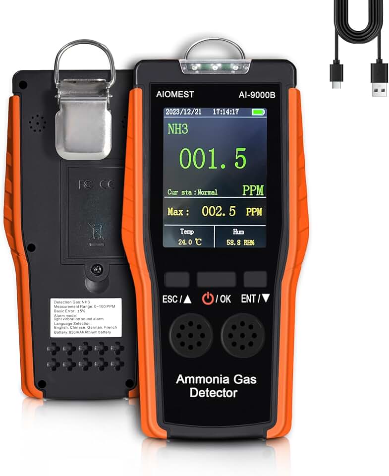 Ammonia NH3 Gas Detector Handheld Ammonia Sensor, AIOMEST Medidor Amoniaco Meter AI-9000B Monitor NH3 Air Level 100PPM w/Data Logging & Alert, Temperature Humidity for Horse Stall Poultry Farm